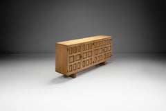Spanish Brutalist Panel Cabinet in Oak with Geometric Doors, Spain 1960s