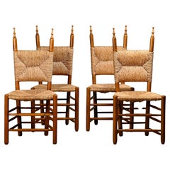 Spanish brutalist rustic Dining Chairs in Oak and Rush