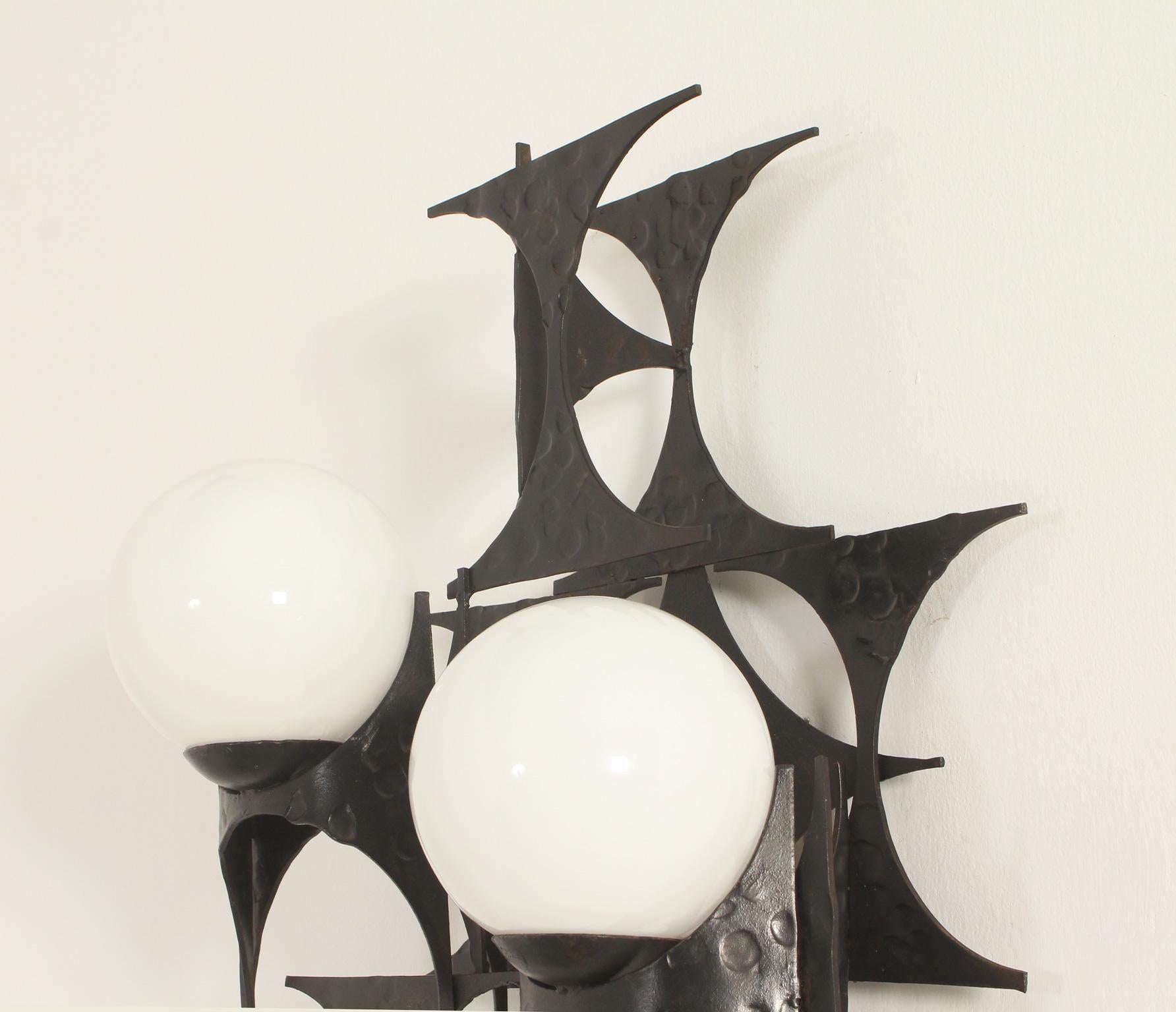 Opaline Glass Spanish Brutalist Sconces in Forged Iron from 1960's For Sale