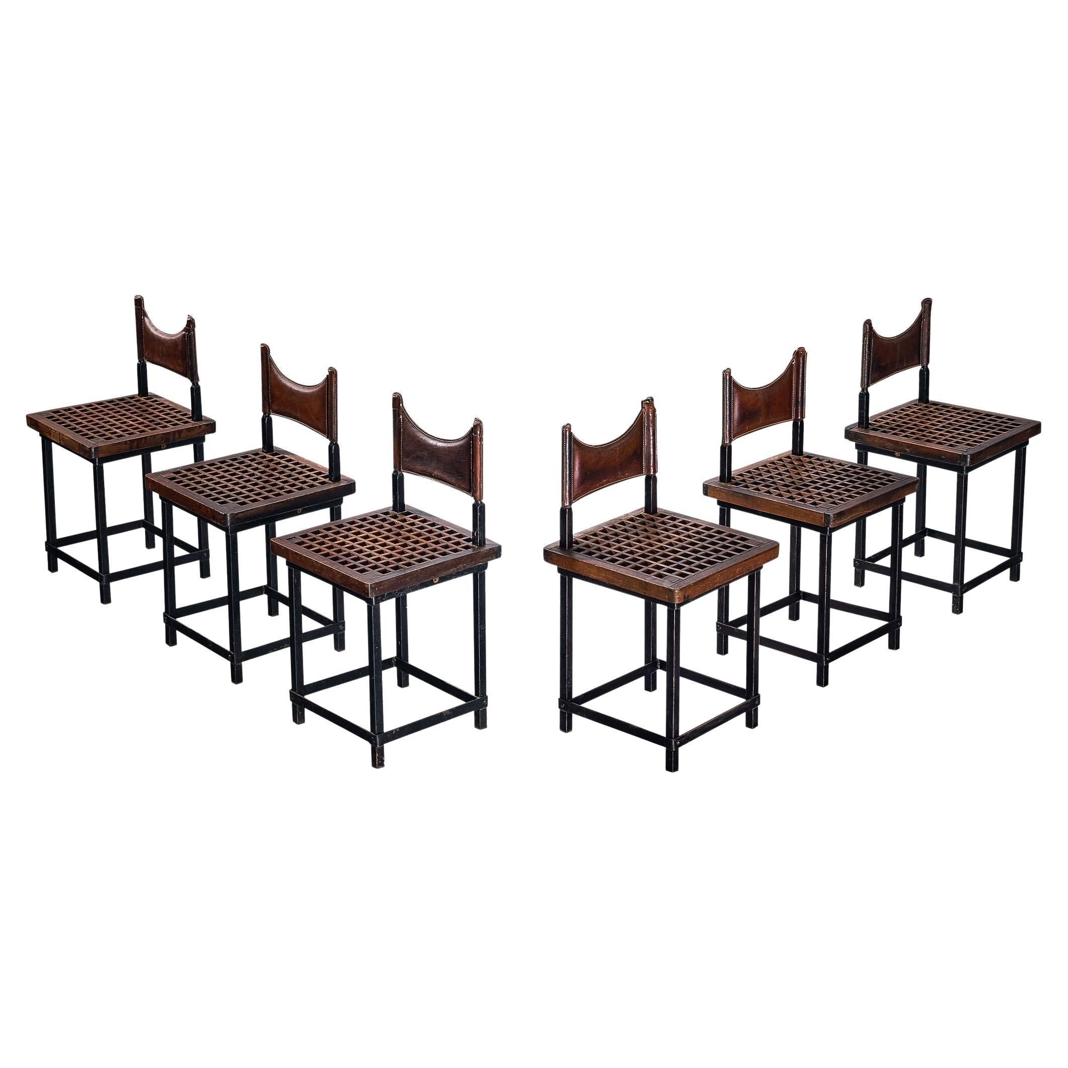 Spanish Brutalist Set of Six Dining Chairs in Iron and Leather