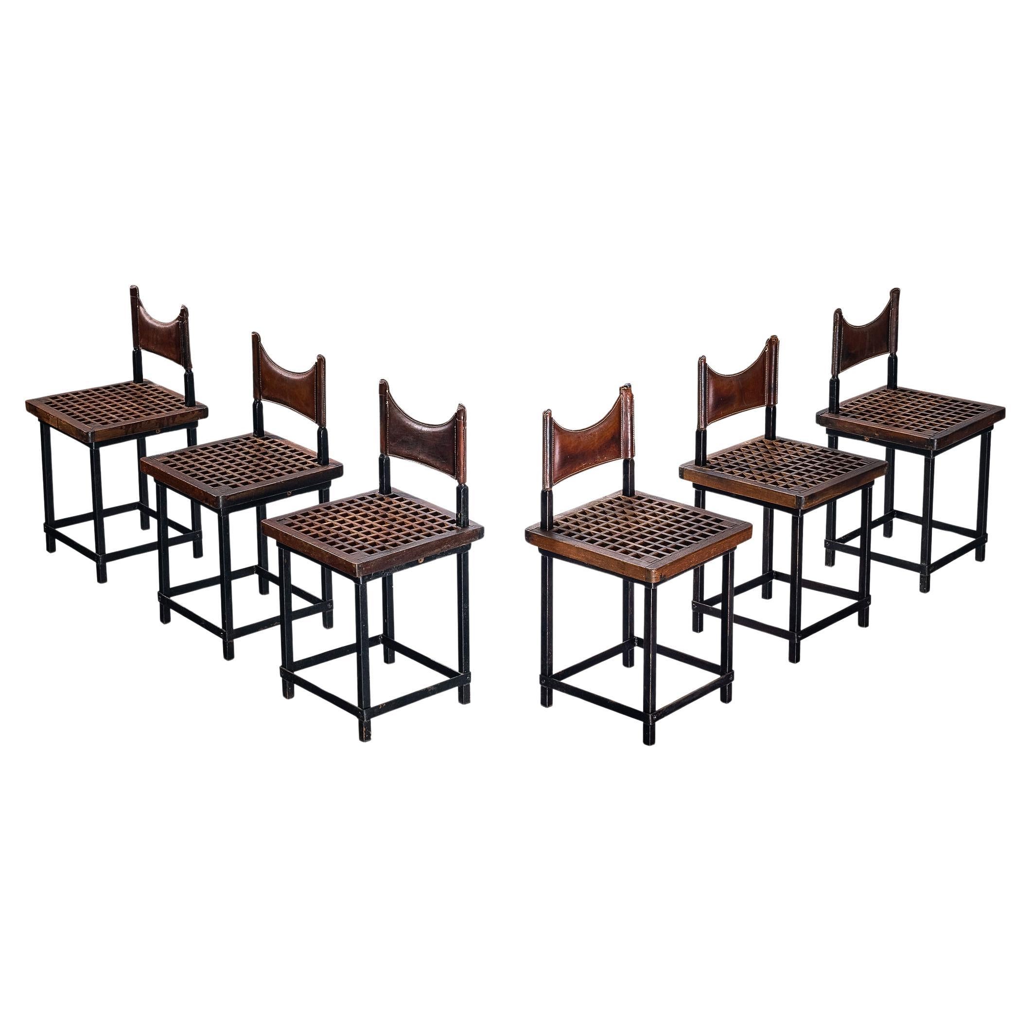 Spanish Brutalist Set of Six Dining Chairs in Iron and Leather  For Sale