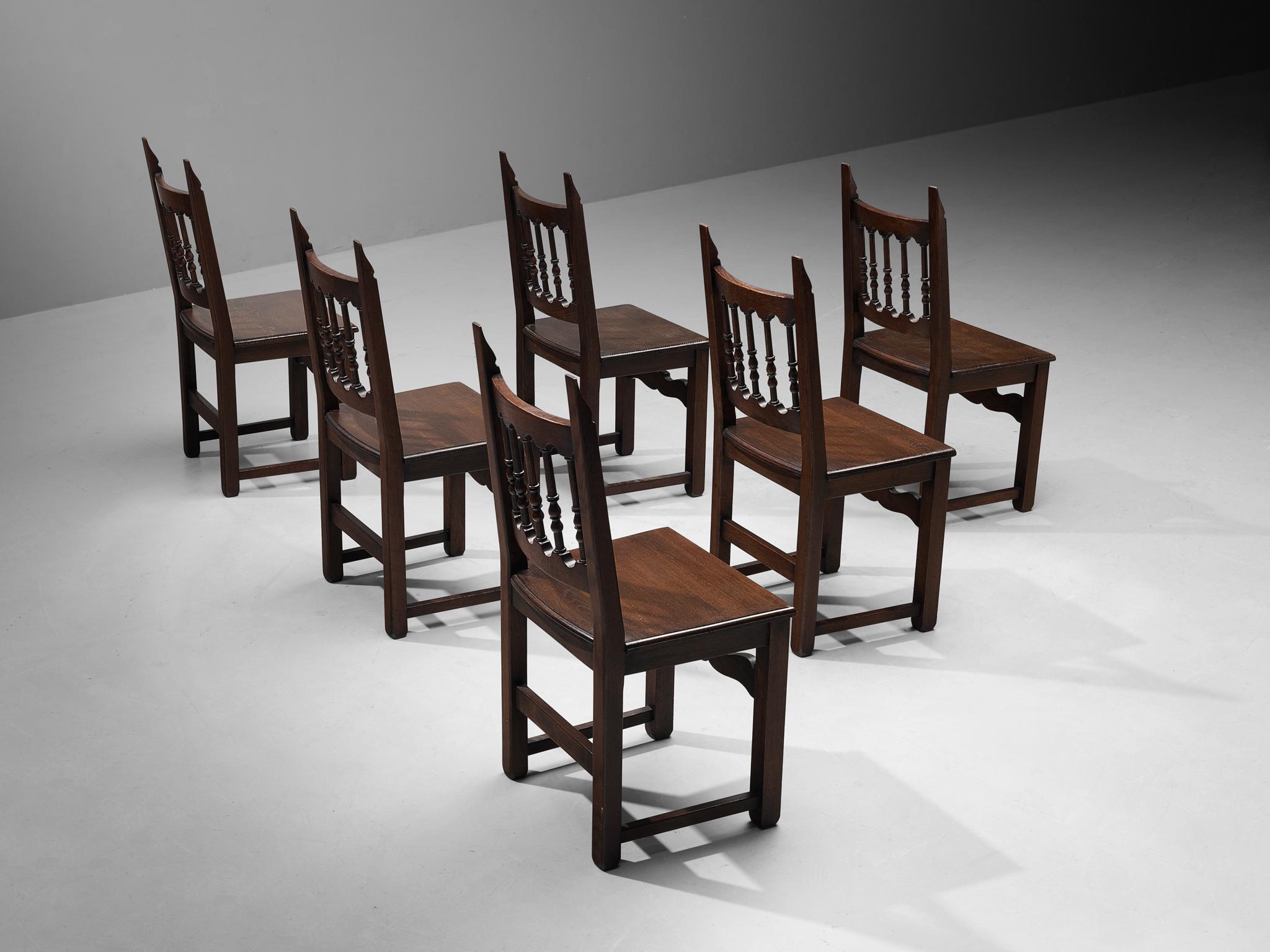Spanish Brutalist Set of Six Dining Chairs in Oak For Sale 3