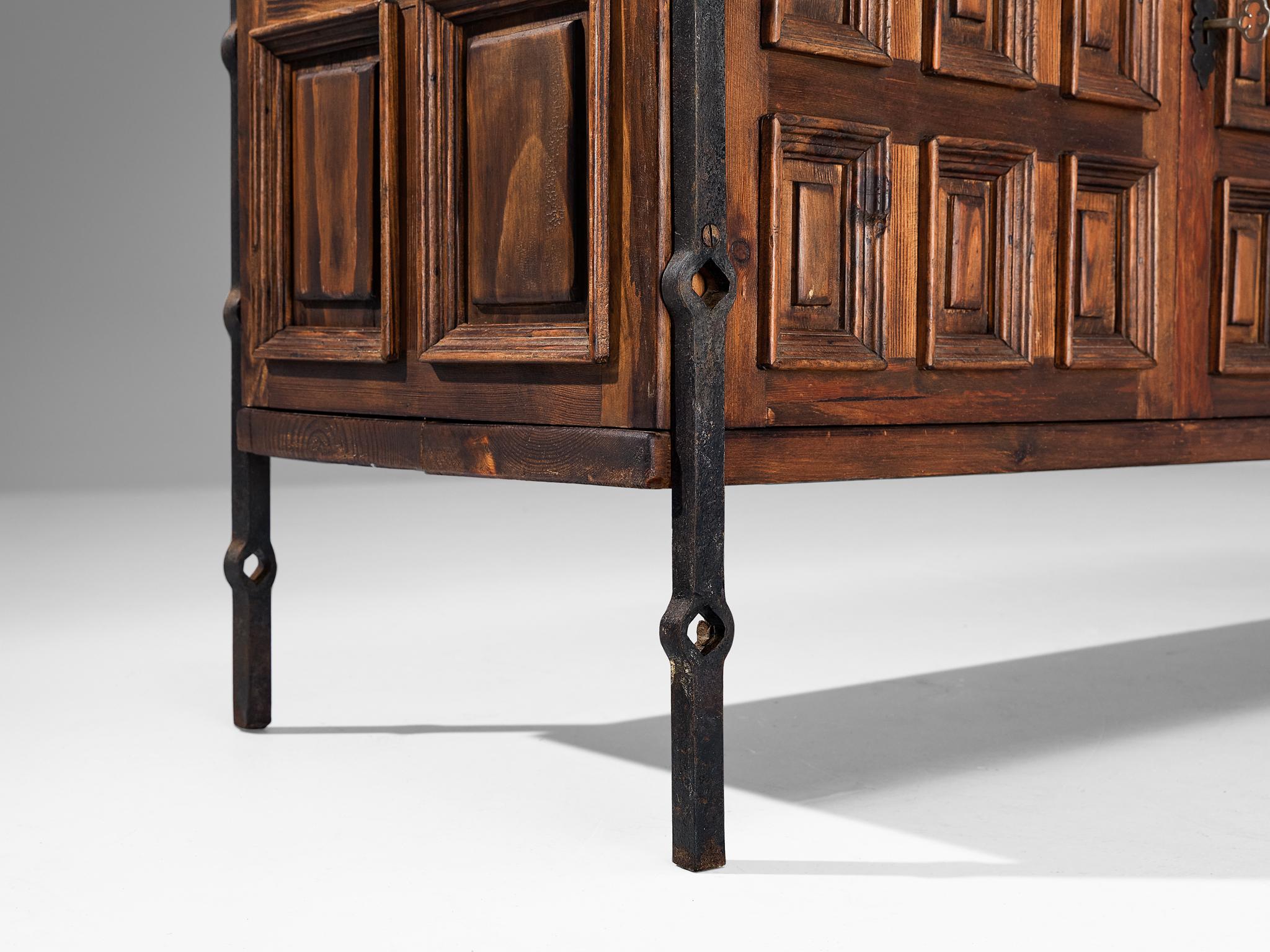 Spanish Brutalist Sideboard in Stained Pine and Iron 1