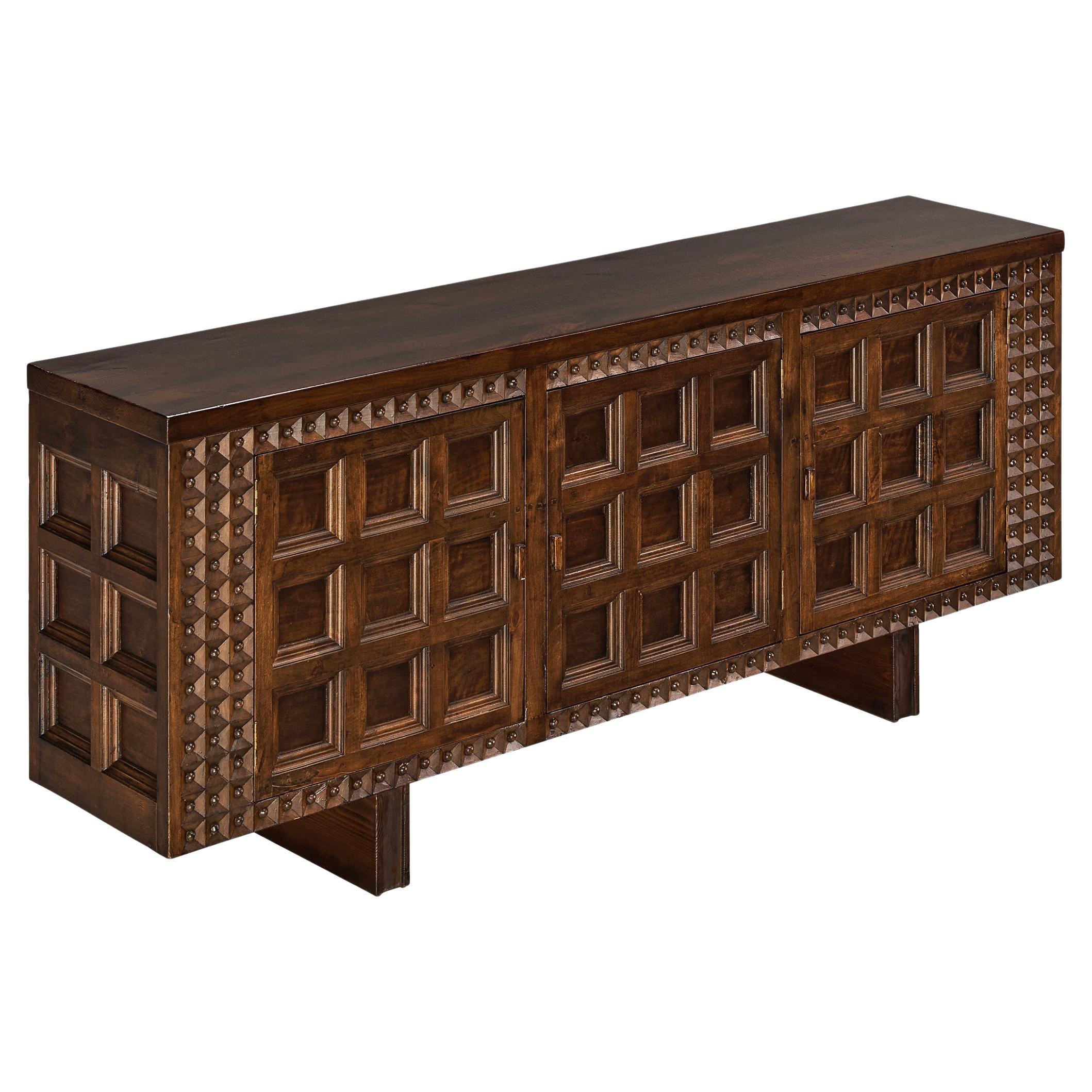 Spanish Brutalist Sideboard with Sophisticated Carvings in Maple  For Sale
