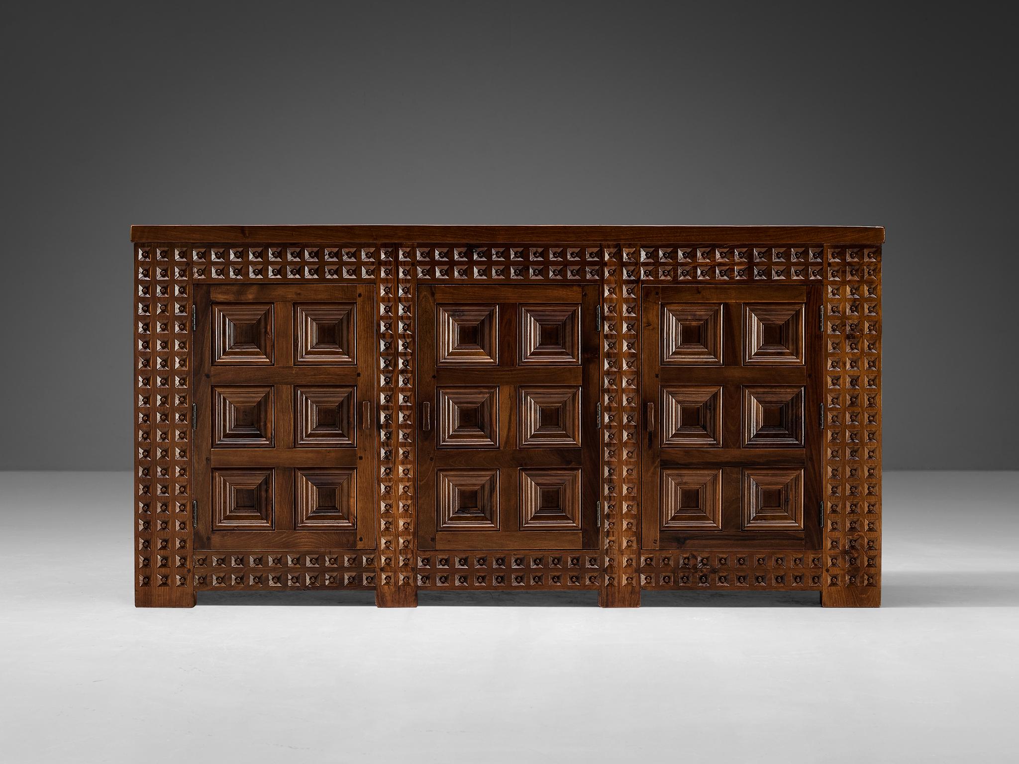 Mid-Century Modern Spanish Brutalist Sideboard with Sophisticated Carvings in Walnut  For Sale