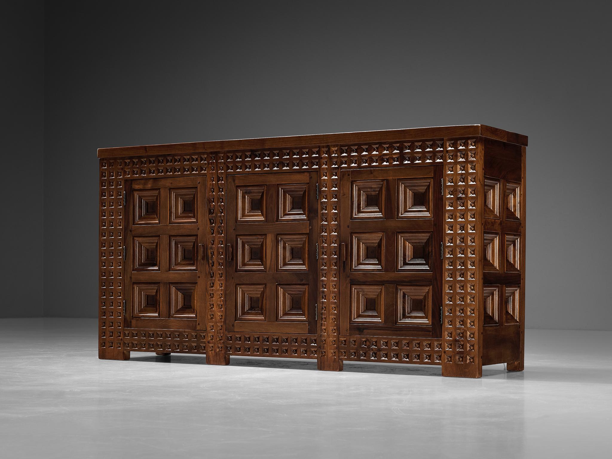 Mid-20th Century Spanish Brutalist Sideboard with Sophisticated Carvings in Walnut  For Sale