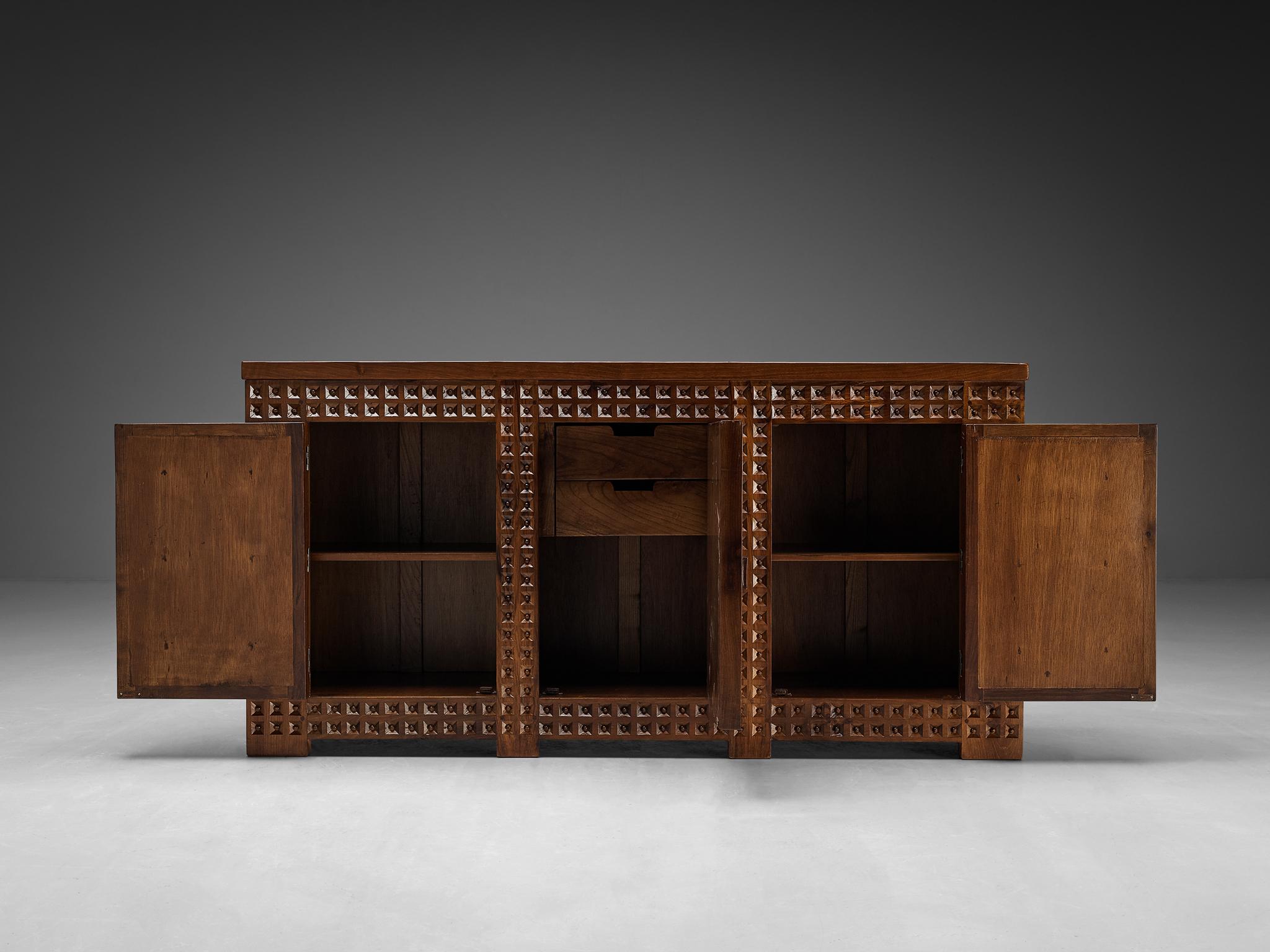 Spanish Brutalist Sideboard with Sophisticated Carvings in Walnut  For Sale 3