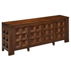 Spanish Brutalist Sideboard with Sophisticated Carvings in Walnut