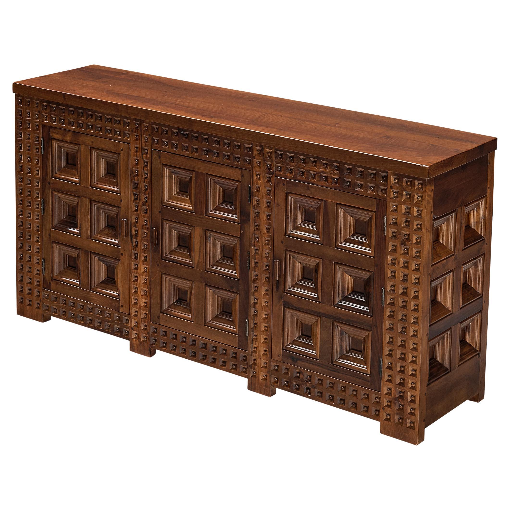 Spanish Brutalist Sideboard with Sophisticated Carvings in Walnut 