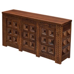 Vintage Spanish Brutalist Sideboard with Sophisticated Carvings in Walnut 