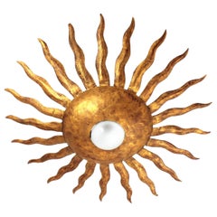 Spanish Brutalist Sunburst Ceiling Light Fixture in Wrought Gilt Iron