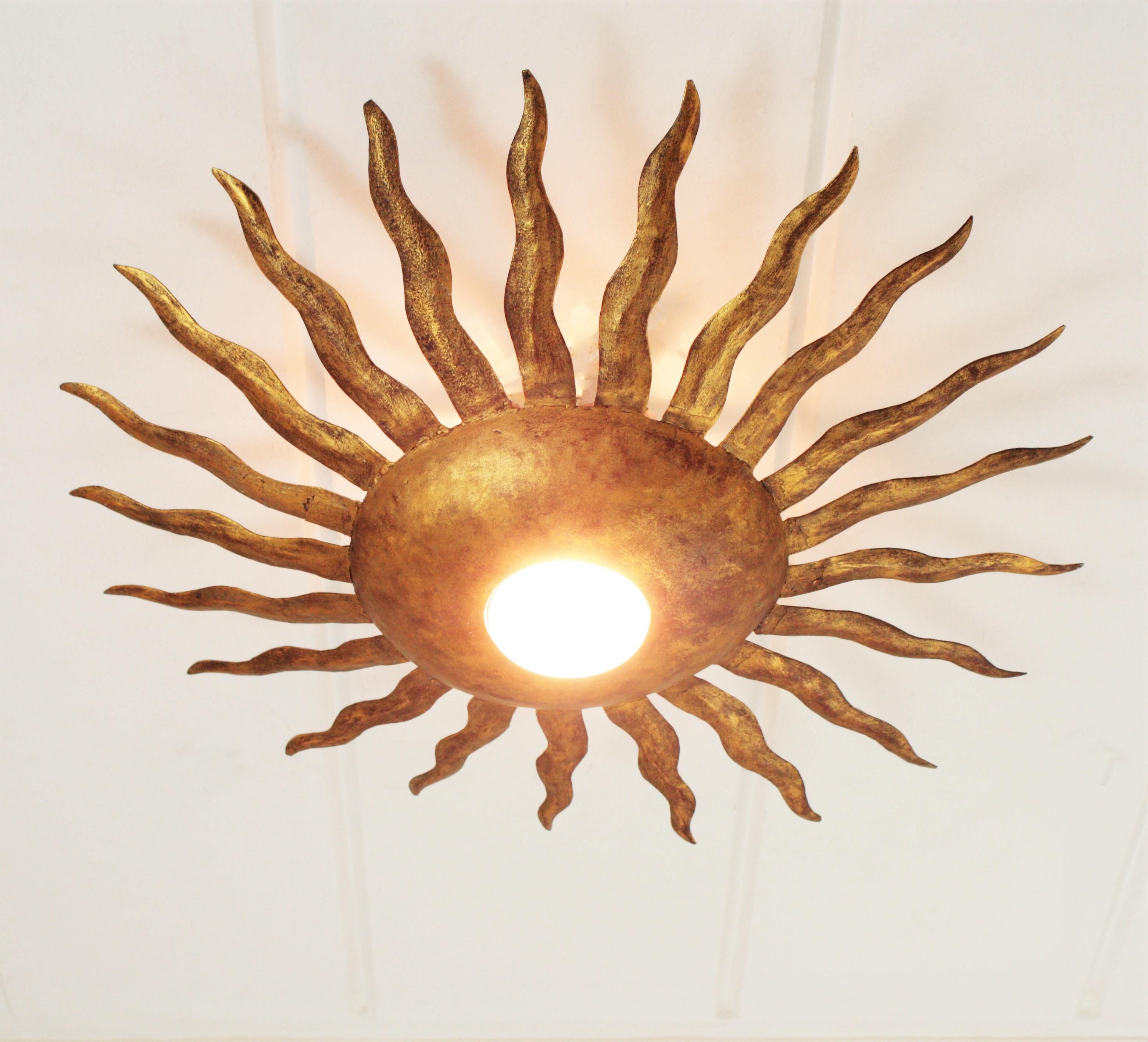 Metal Spanish Brutalist Sunburst Ceiling Light Fixture in Wrought Gilt Iron