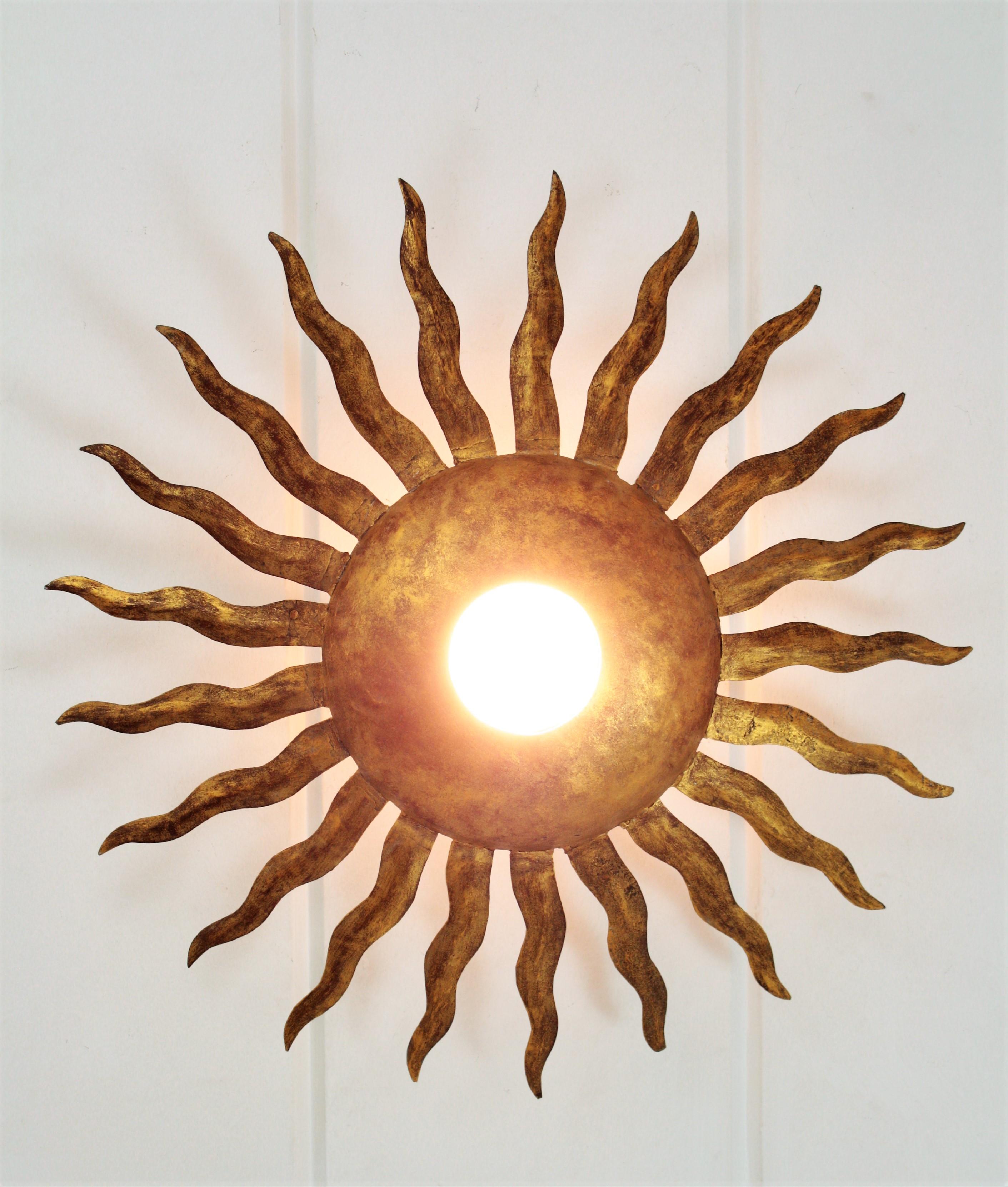 Spanish Brutalist Sunburst Ceiling Light Fixture in Wrought Gilt Iron 1