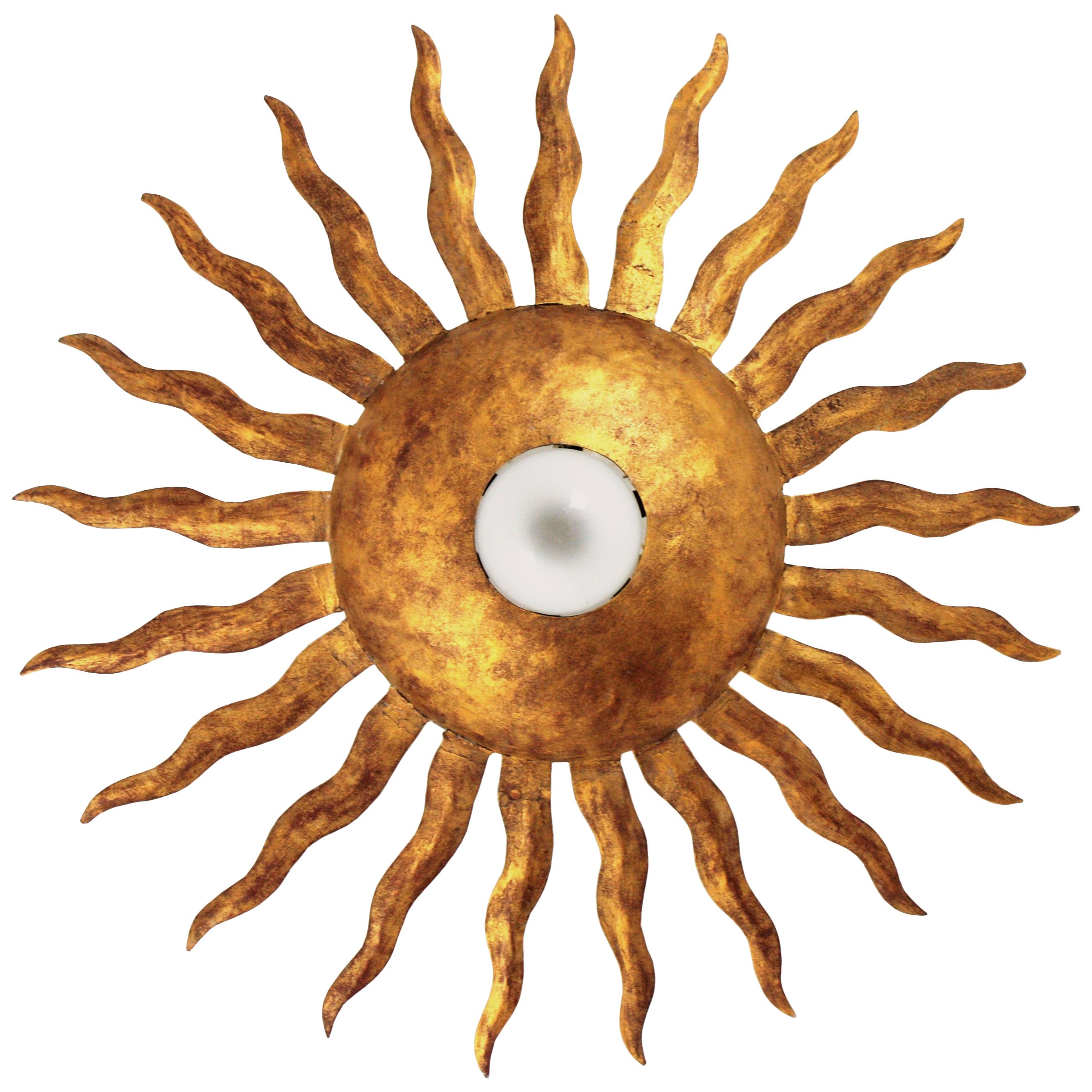 Spanish Brutalist Sunburst Ceiling Light Fixture in Wrought Gilt Iron