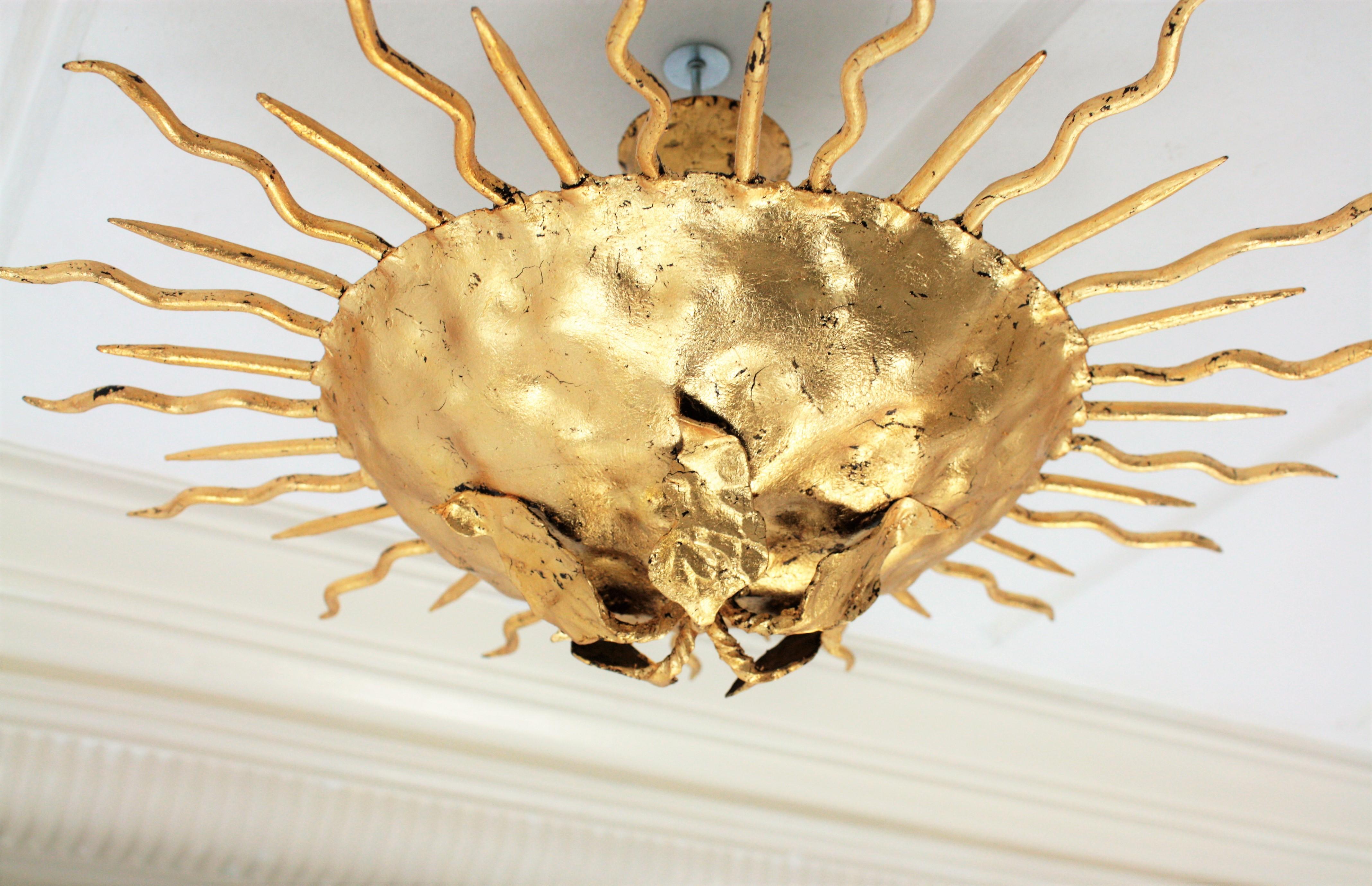 Sunburst Brutalist Light Fixture in Gilt Iron with Flower Motif For Sale 2