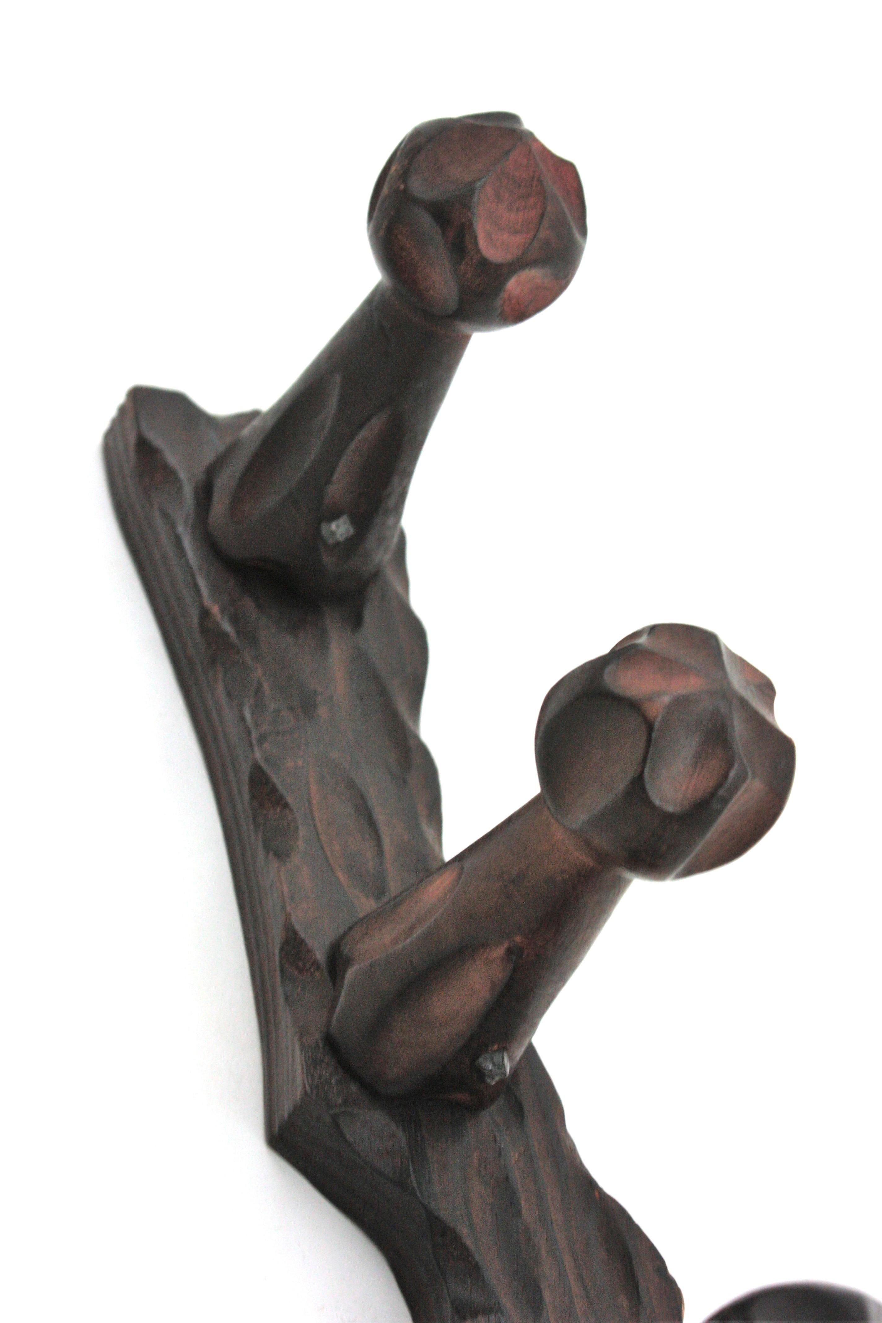 Spanish Brutalist Wall Coat Rack  in Carved Wood, Four Hangers For Sale 2