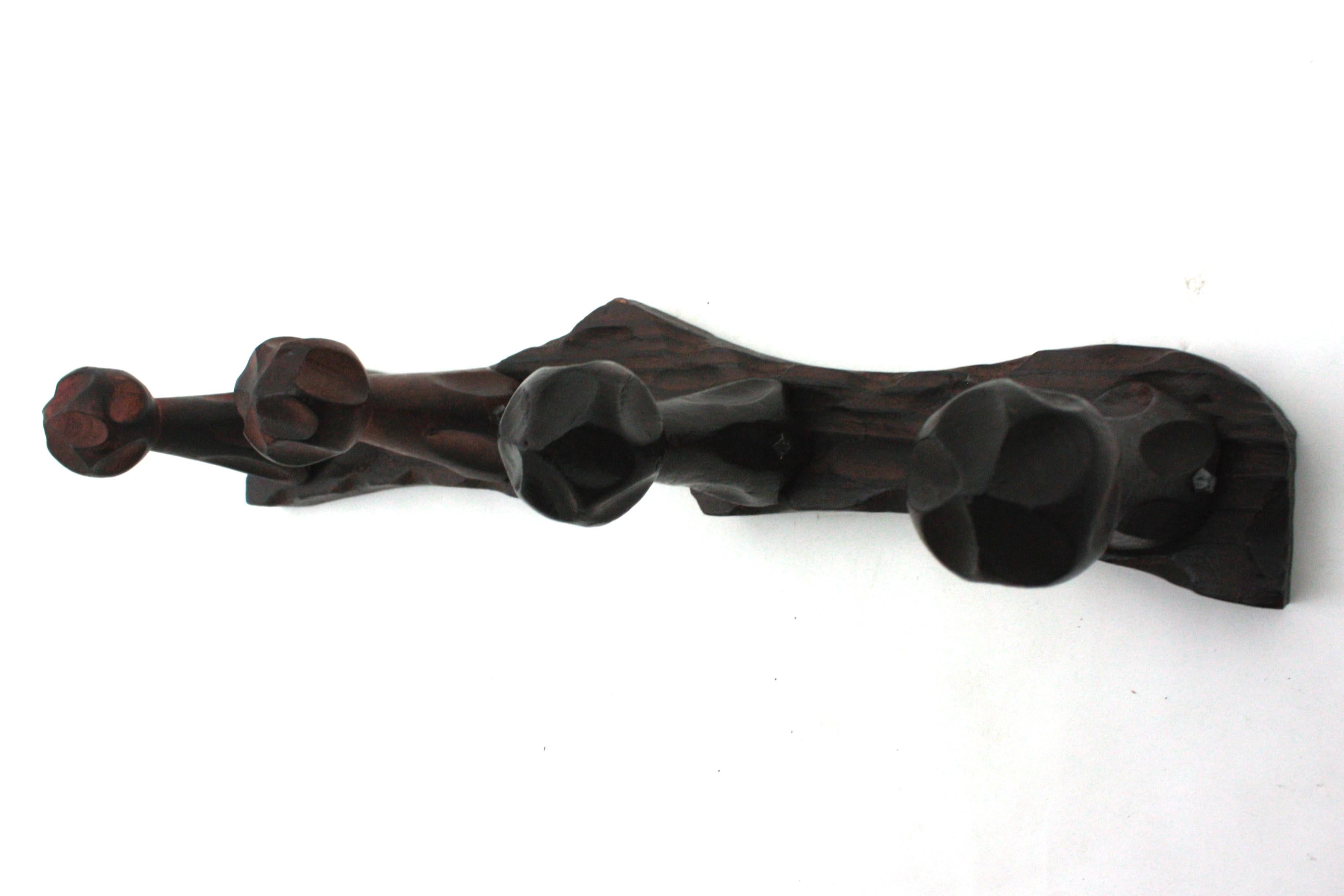 Spanish Brutalist Wall Coat Rack  in Carved Wood, Four Hangers For Sale 3
