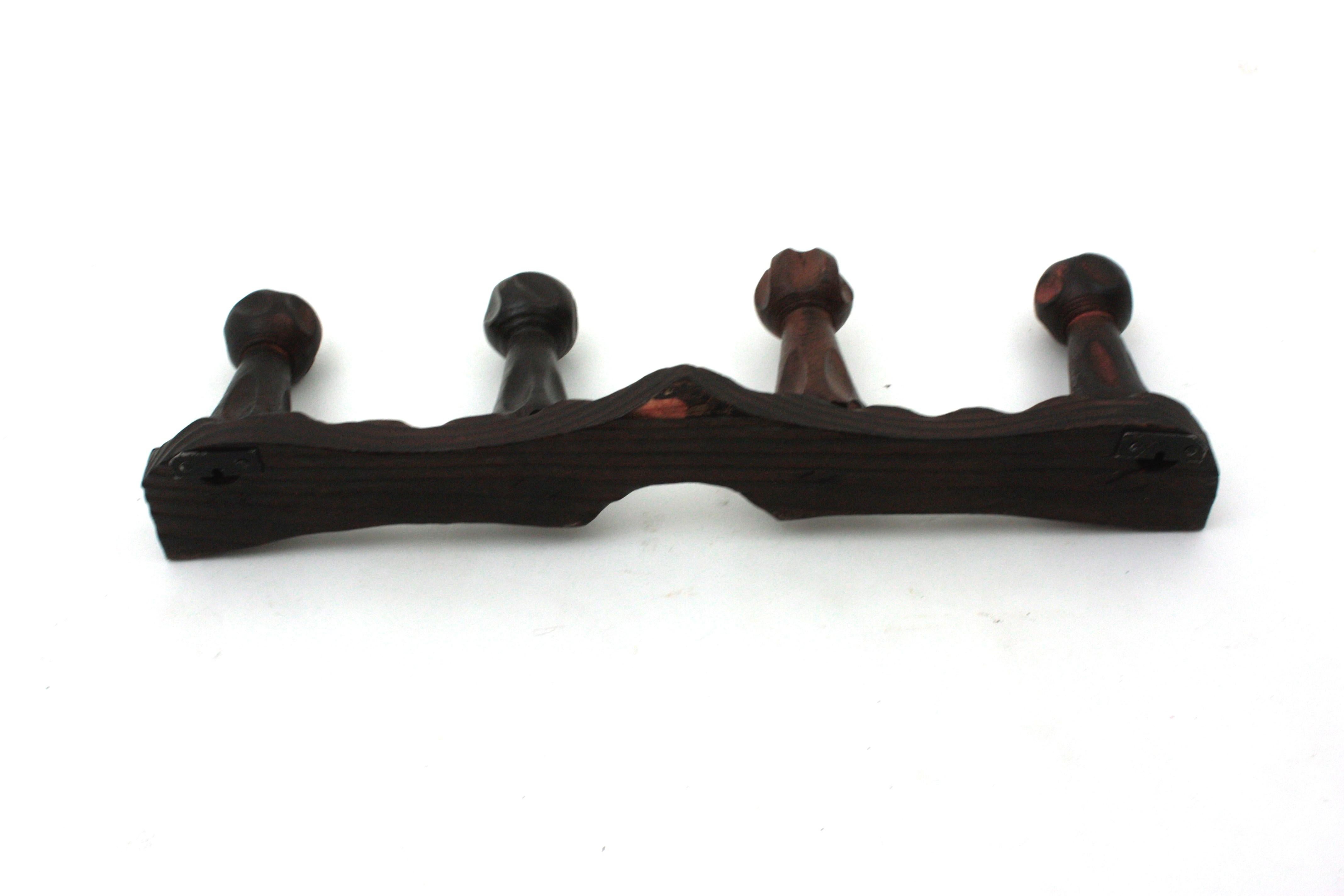 Spanish Brutalist Wall Coat Rack  in Carved Wood, Four Hangers For Sale 4