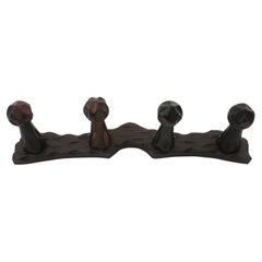 Spanish Brutalist Wall Coat Rack  in Carved Wood, Four Hangers