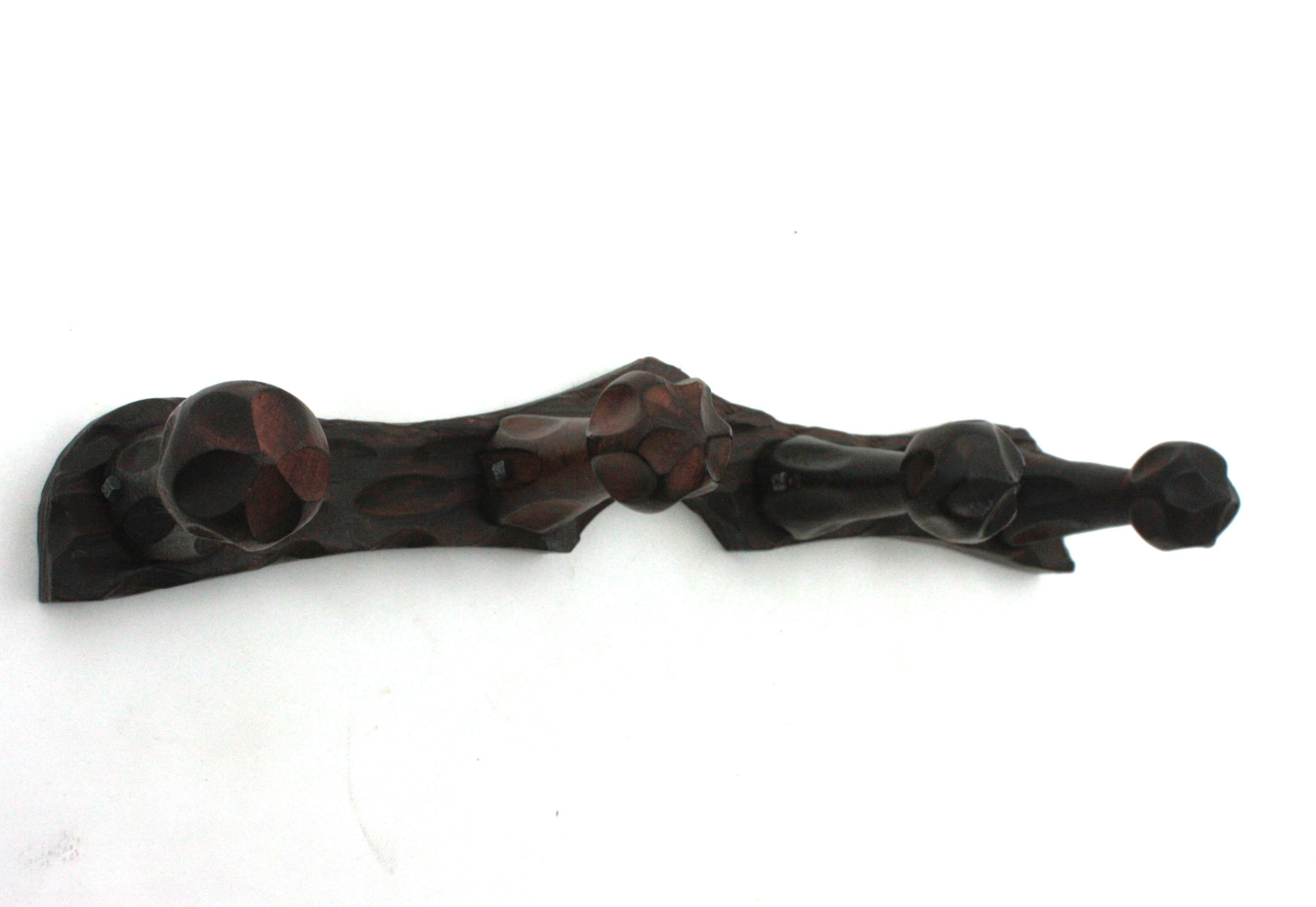 Hand-Carved Spanish Brutalist Wall Coat Rack  in Carved Wood, Four Hangers For Sale