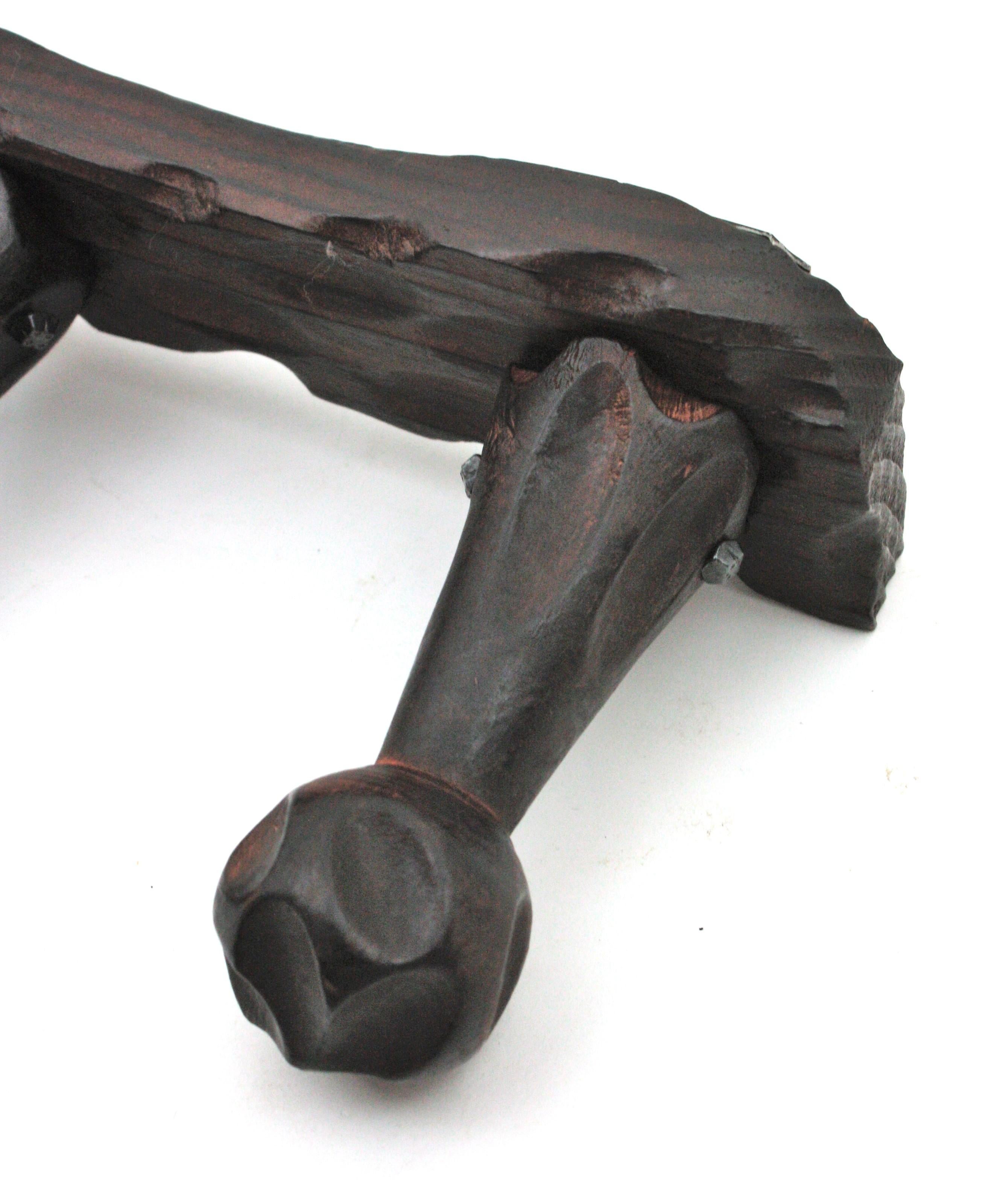 20th Century Spanish Brutalist Wall Coat Rack  in Carved Wood, Four Hangers For Sale