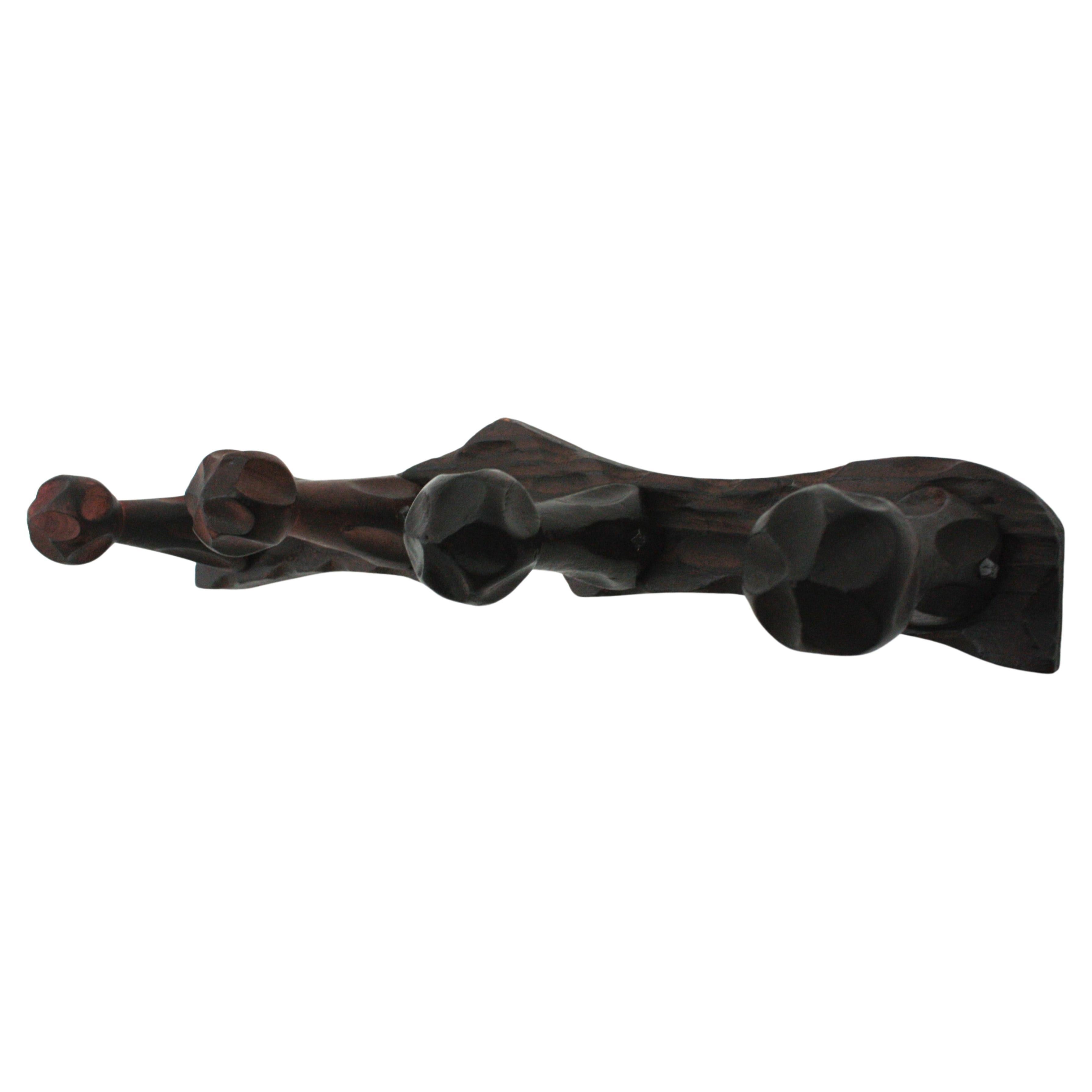 Spanish Brutalist Wall Coat Rack  in Carved Wood, Four Hangers For Sale