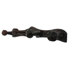 Spanish Brutalist Wall Coat Rack  in Carved Wood, Four Hangers