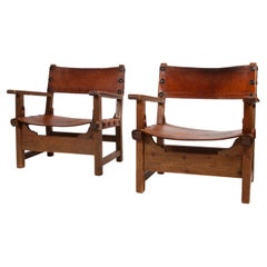 Spanish Brutalist Wood & Leather Armchairs, 1960s, Set of 2