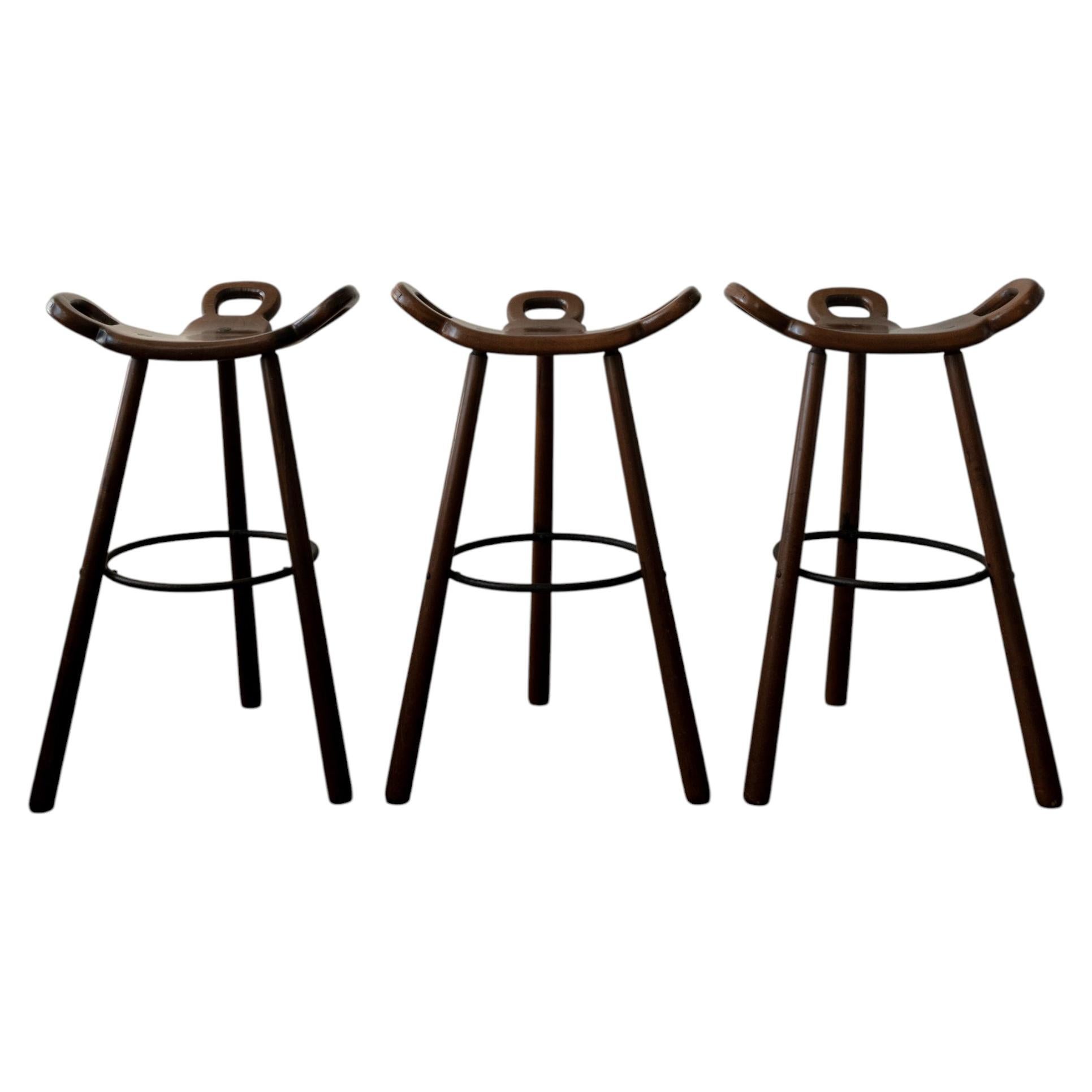 Spanish Brutalist Wooden Marbella Bar Stools by Confonorm, 1970s, Set of 3