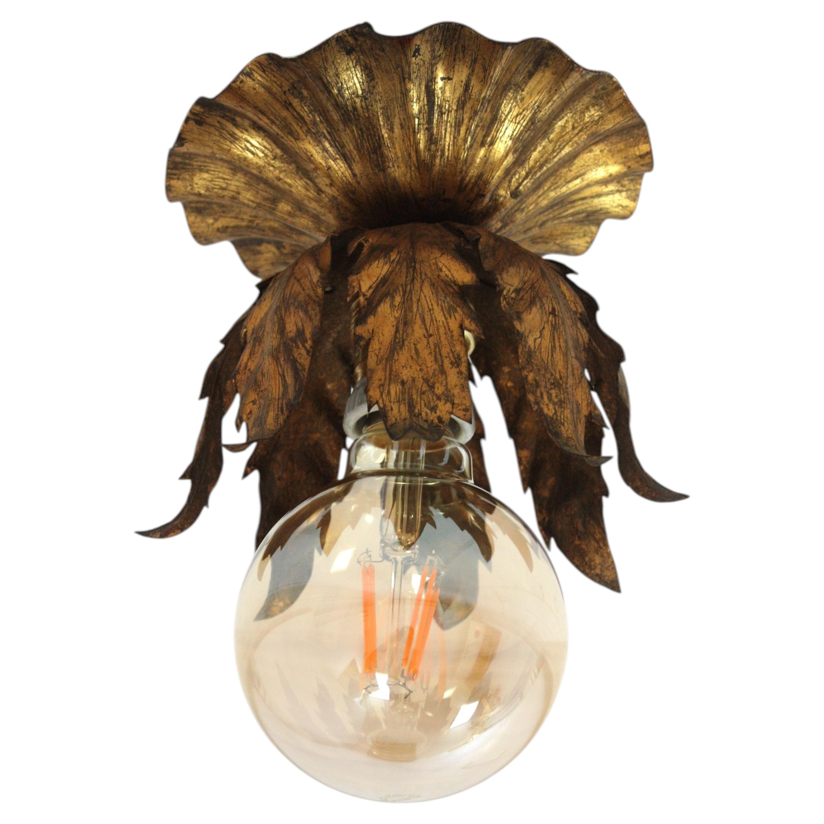 Spanish Bud Flower Ceiling Light Fixture in Gilt Iron, 1950 For Sale