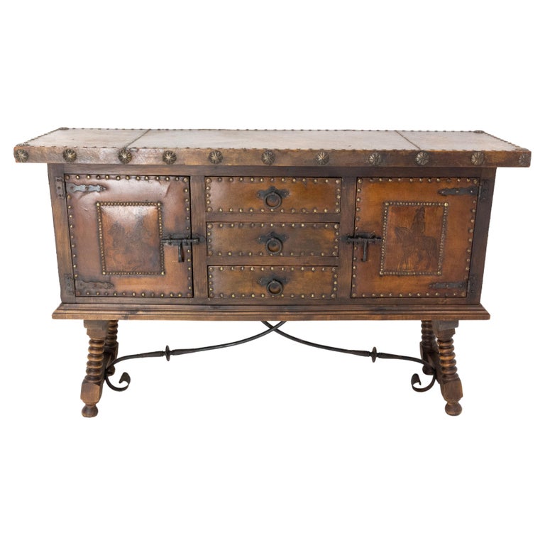 Spanish Buffet Credenza Sideboard Poplar Leather Riders Painted, c