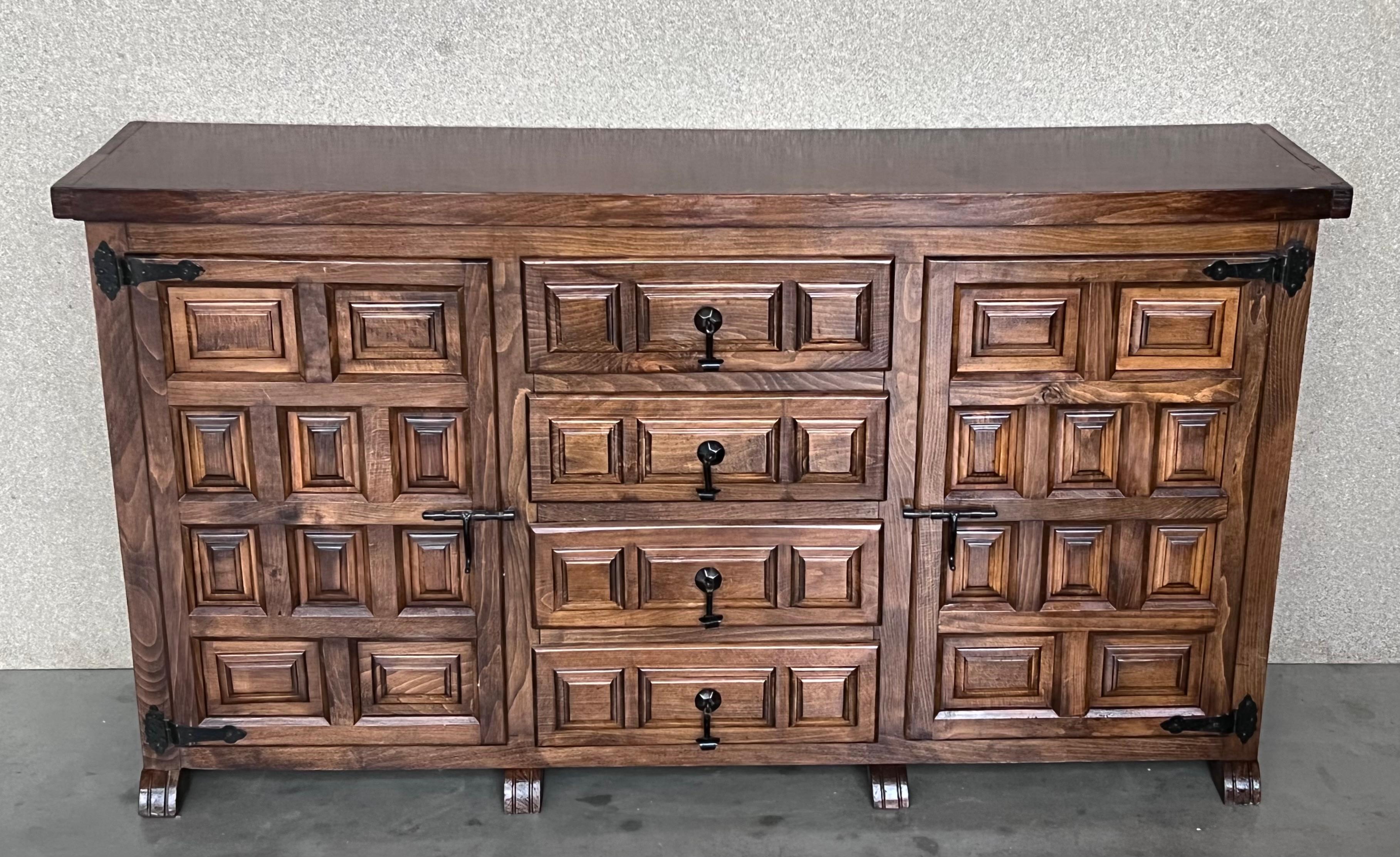 Spanish Colonial Spanish Buffet or Cabinet with Thre Doors and Central Drawers with Iron Hardware For Sale