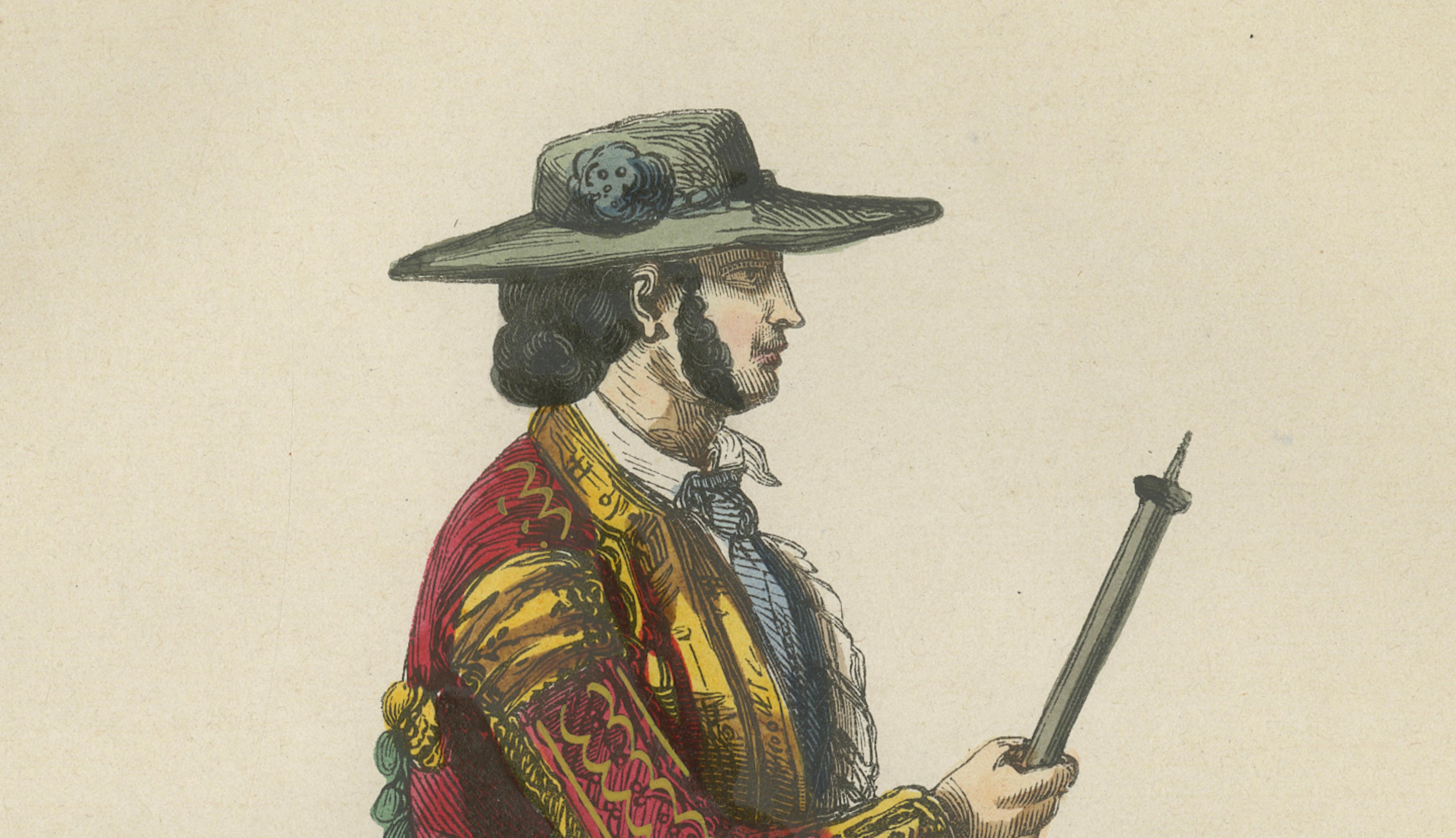 Spanish Bullfight Picador - Antique Costume Lithograph, c.1852