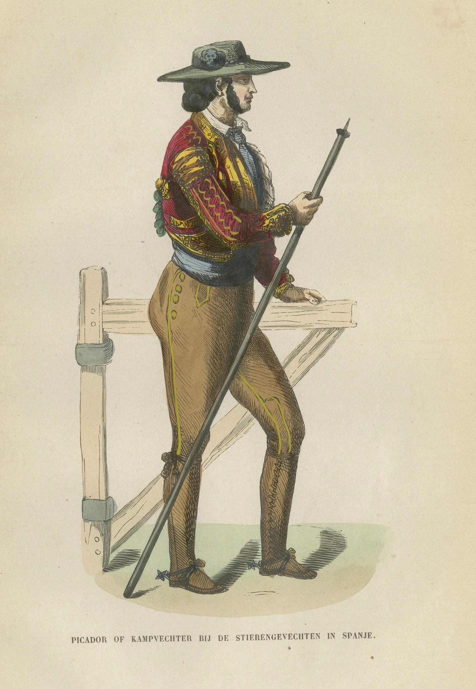 Spanish Bullfight Picador - Antique Costume Lithograph, c.1852