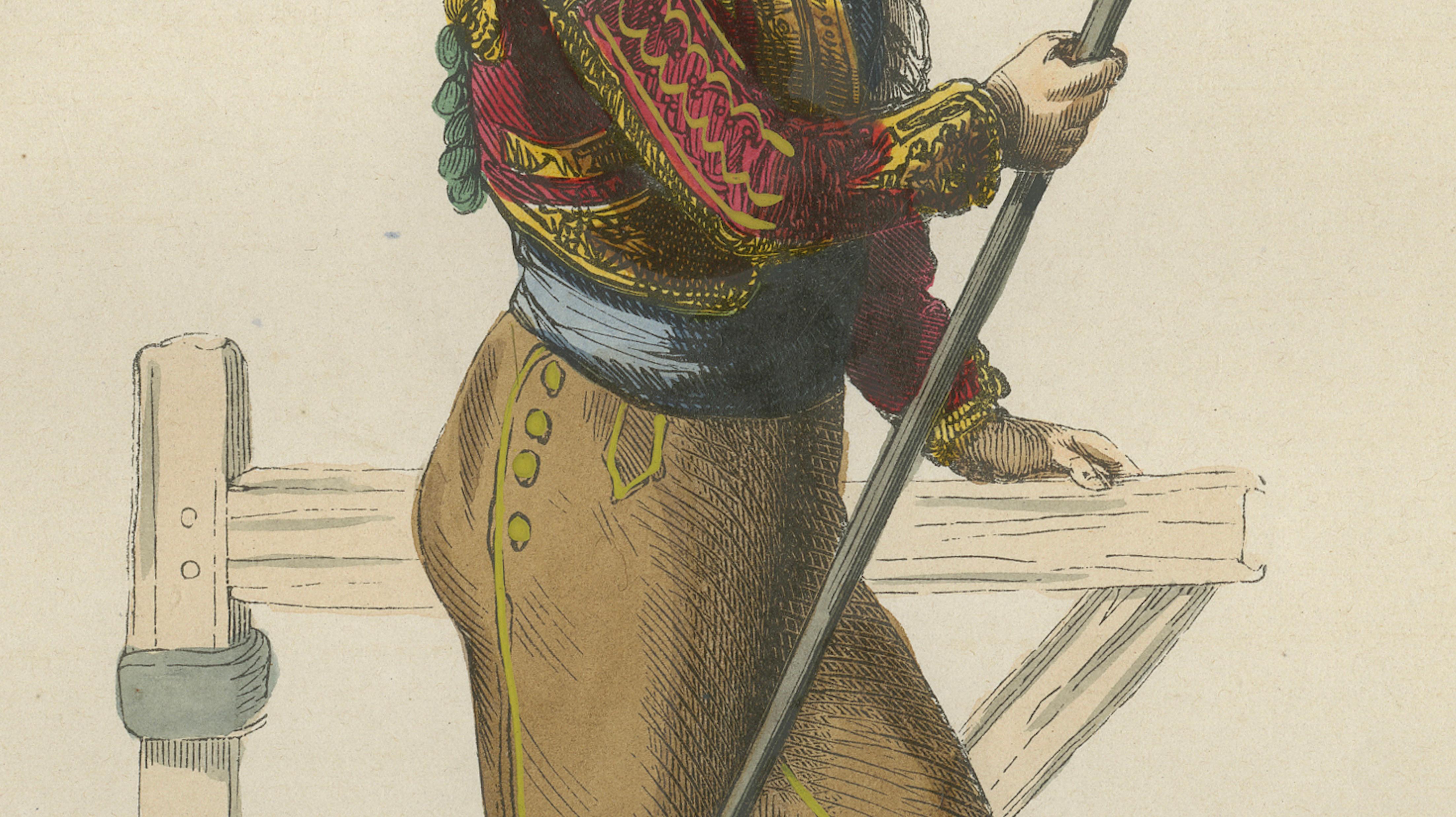 Spanish Bullfight Picador - Antique Costume Lithograph, c.1852
