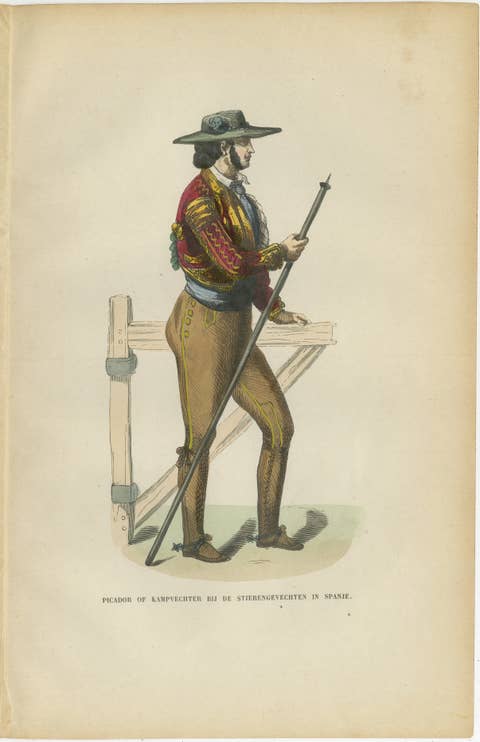Spanish Bullfight Picador - Antique Costume Lithograph, c.1852