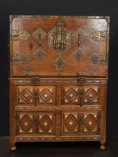 Spanish Cabinet "Bargueño" Walnut, Wrought Iron, Stone, 17th Century