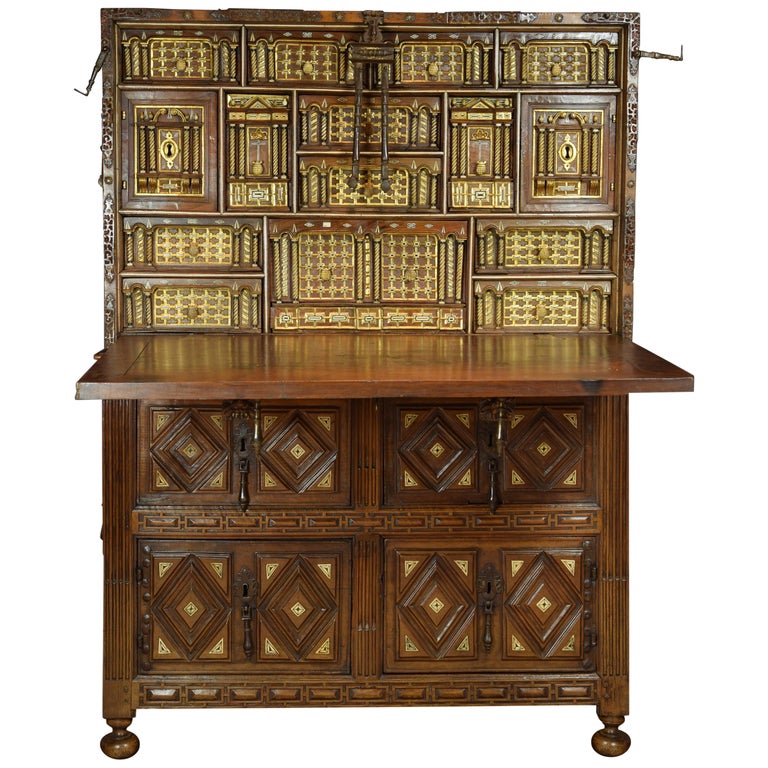 Spanish "Bargueño" Walnut, Wrought Iron, Stone, 17th Century