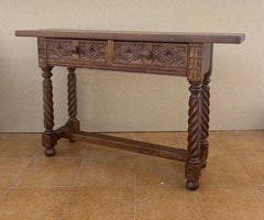 Spanish Carved Console Table with Barley Twist Legs and Two Drawers, 1930s