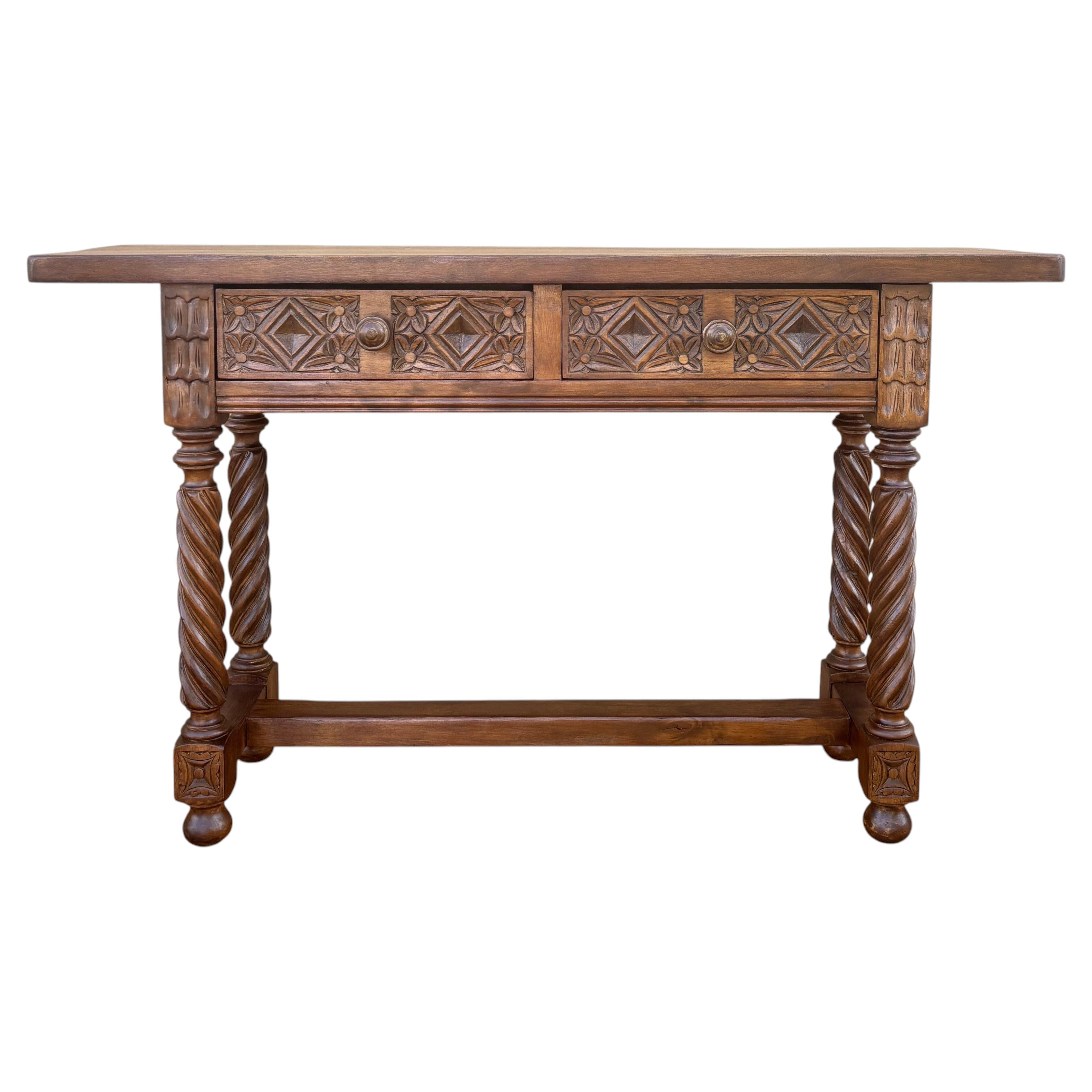 Spanish Carved Console Table with Barley Twist Legs and Two Drawers, 1930s