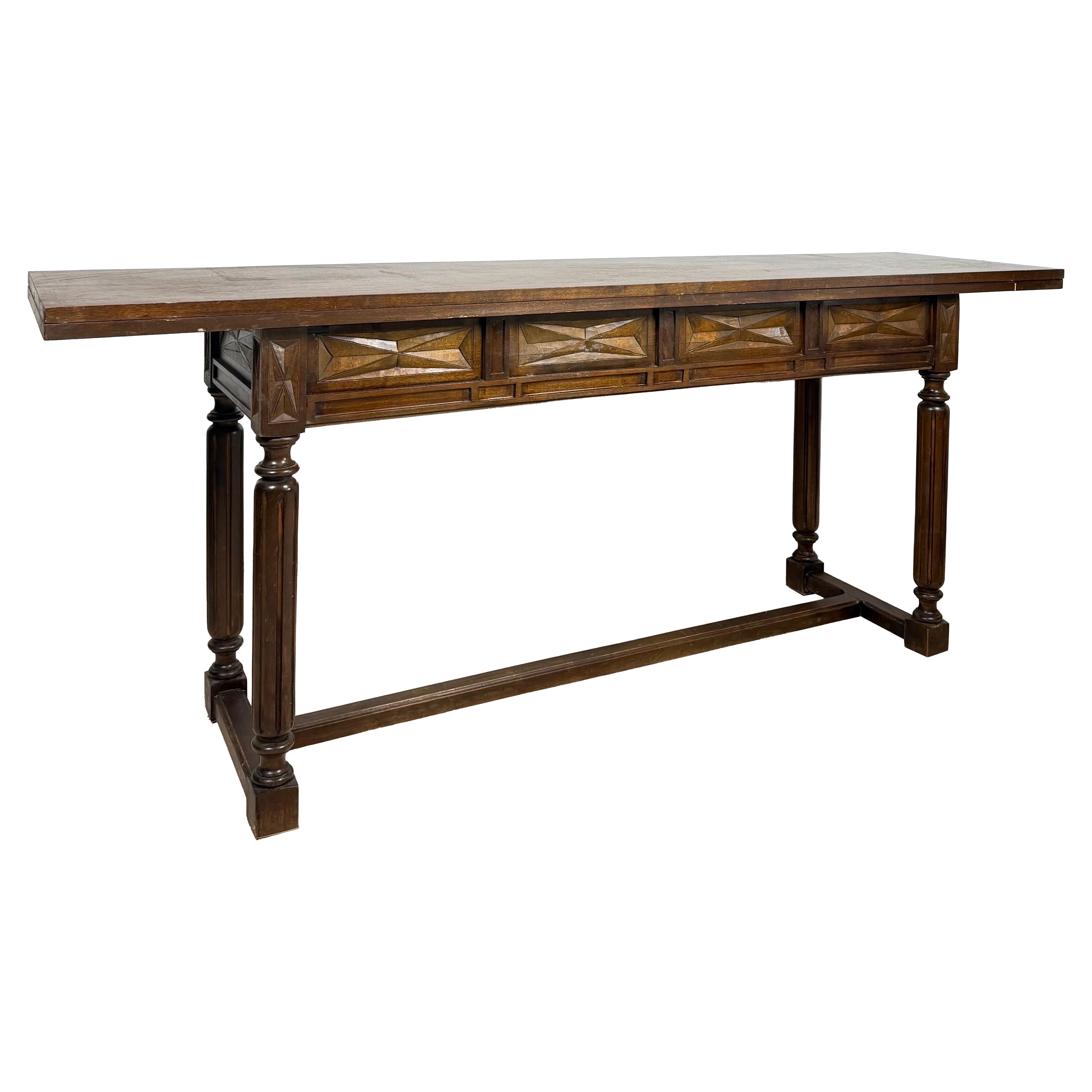 Spanish Carved Drop-Leaf Console Table, 1930s