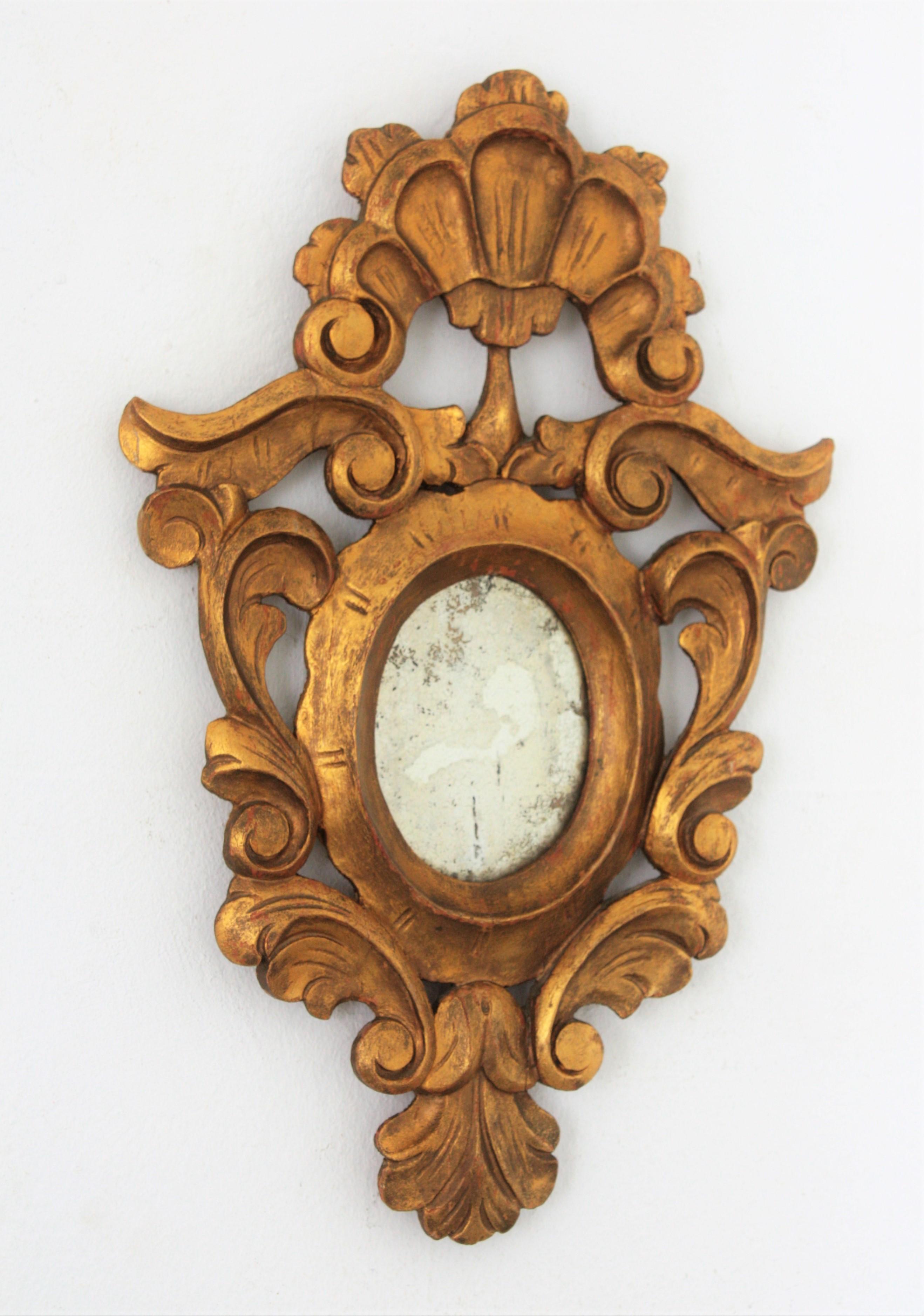 Hand-Carved Spanish Carved Giltwood Mirror, Rococo Style