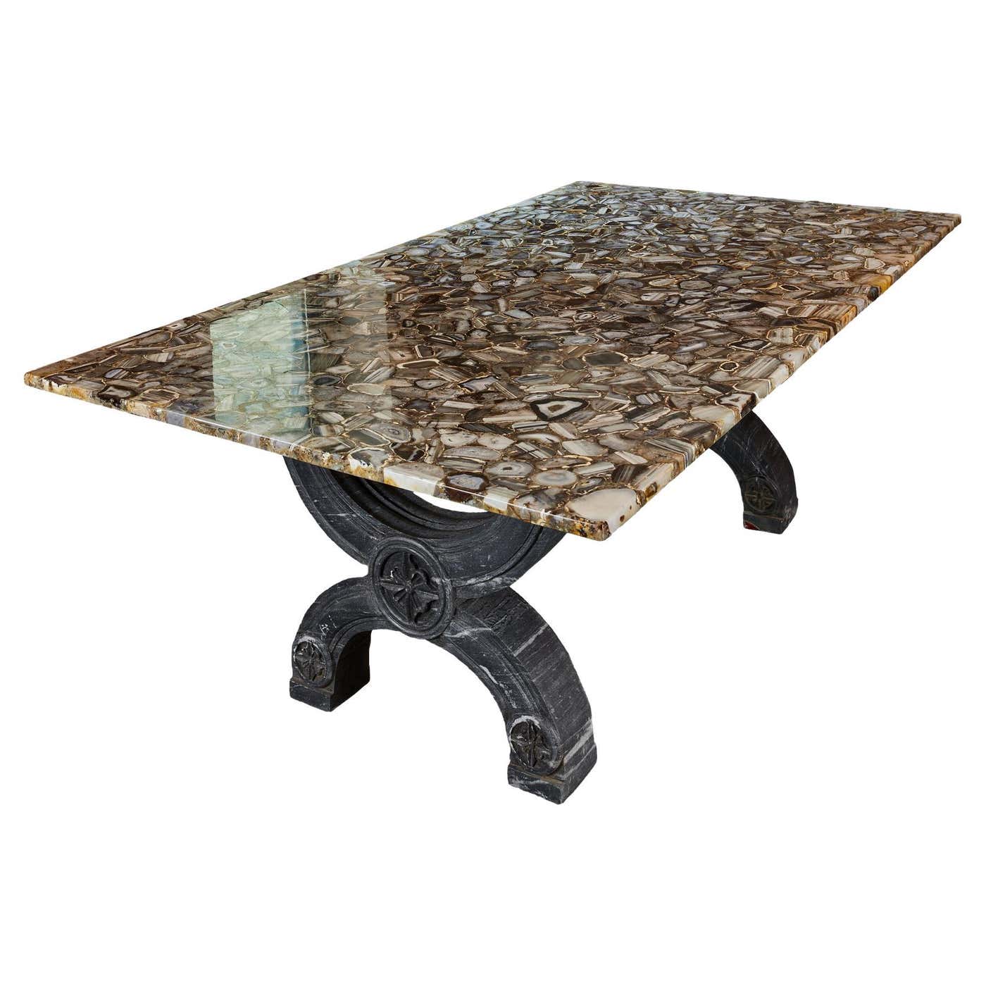 Basque Stone Table Spanish Carved Marble and Agate Mosaic Dining Table For Sale at 1stDibs