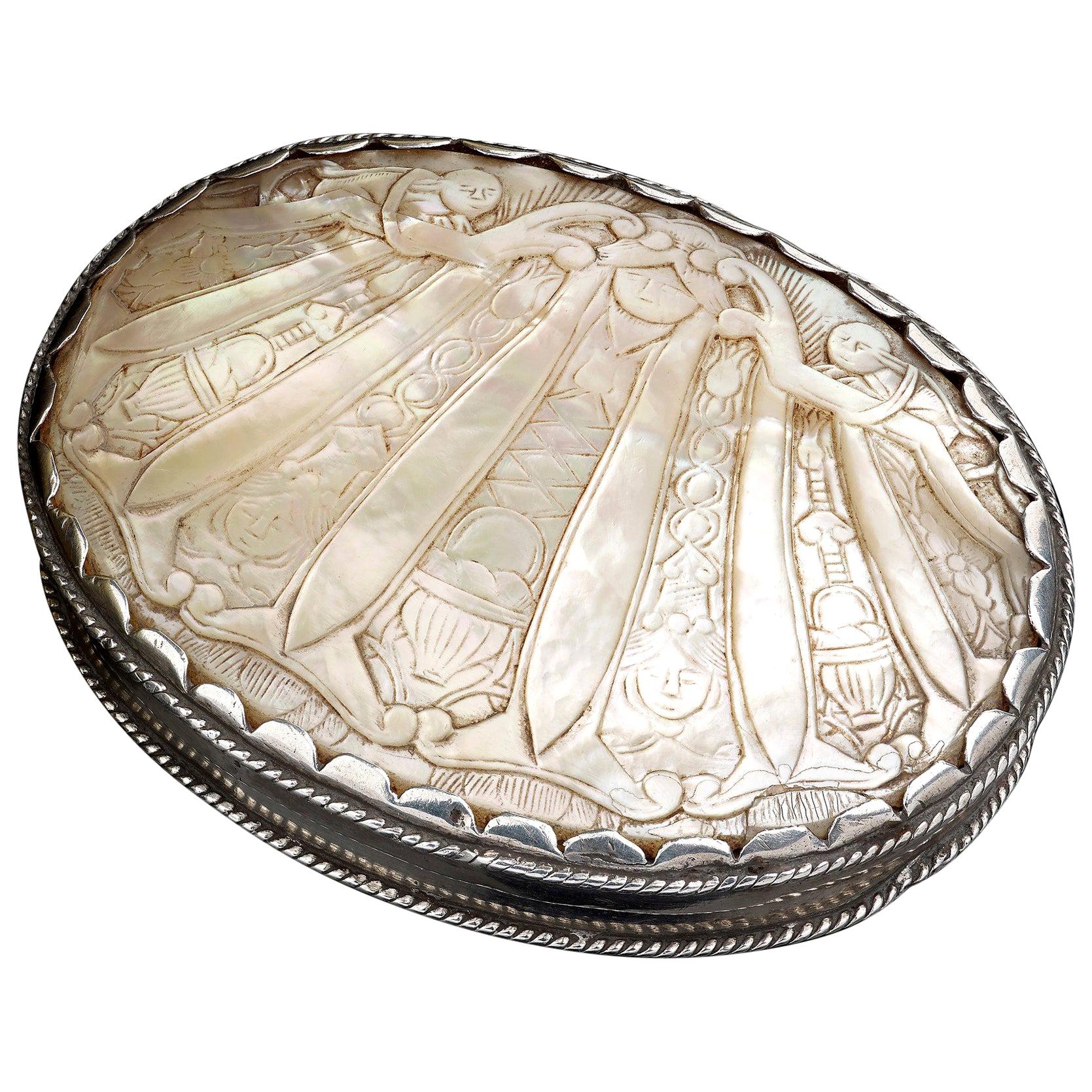 Spanish Carved Mother of Pearl Box with Silver Mounts, 17th Century For Sale