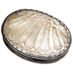 Antique Spanish Carved Mother of Pearl Box with Silver Mounts, 17th Century