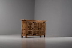 Spanish Carved Oak and Wrought Iron Four-Door Credenza Sideboard, 1950s
