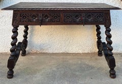 Spanish Carved Oak Table With Turned Legs And Two Drawers, 19th century