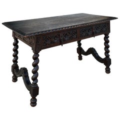 Spanish Carved Oak Table With Turned Legs And Two Drawers, 19th century