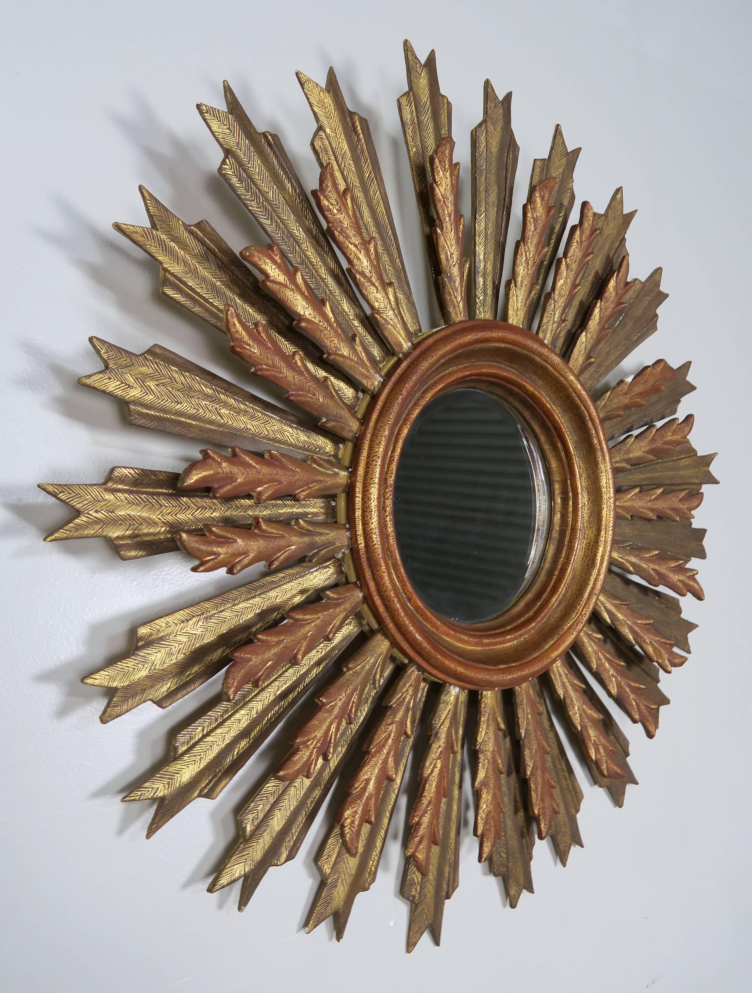Spanish Carved Sunburst Mirror, circa 1930 In Distressed Condition In Los Angeles, CA