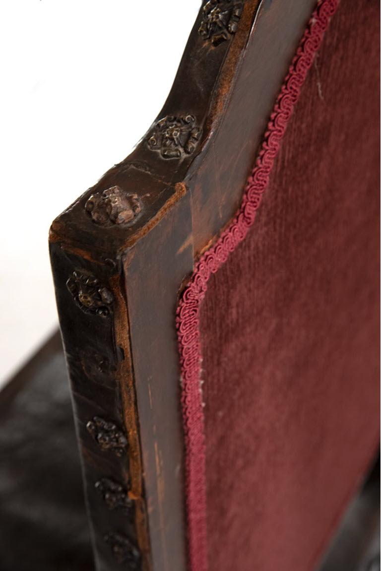 19th Century Spanish Carved Walnut and Stamped Leather Bench